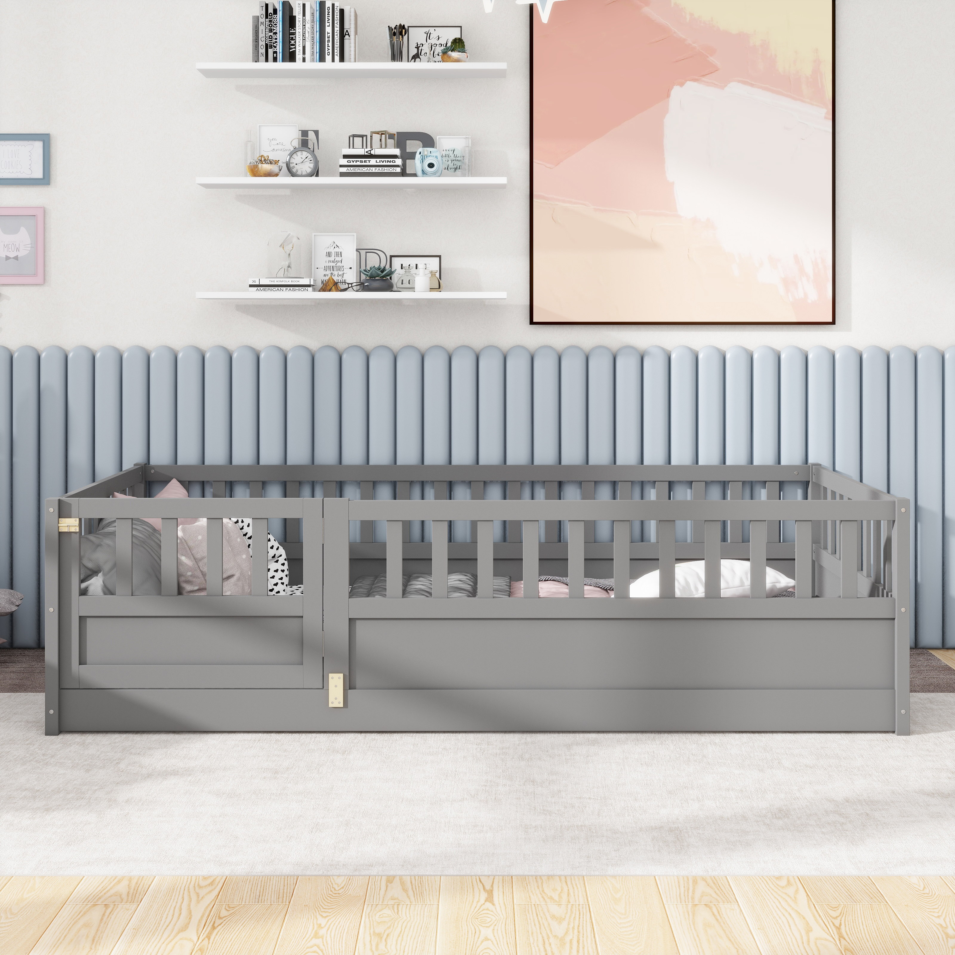 Twin Size Floor Bed, Integral Construction With Super High Security Barrier, Door, Children S Floor Bed Frame, Montessori Wooden Children S Floor Bed,