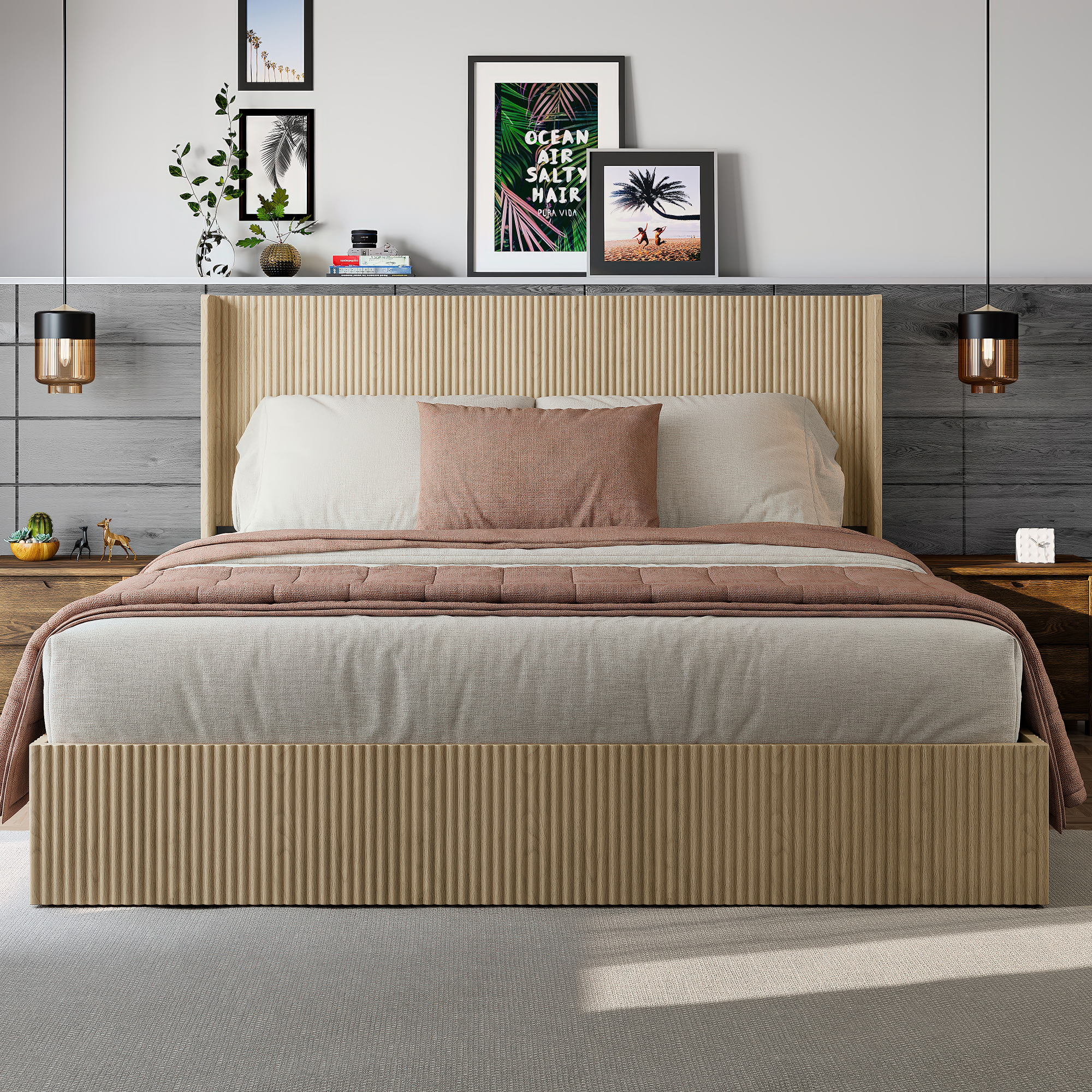 A Large, Concave-structured, Undulating Storage Bed Frame With Lifting Function. The Wooden Platform Bed Frame Has A Storage Function And No Need For A Spring Box   No Noise. Oak Color  King