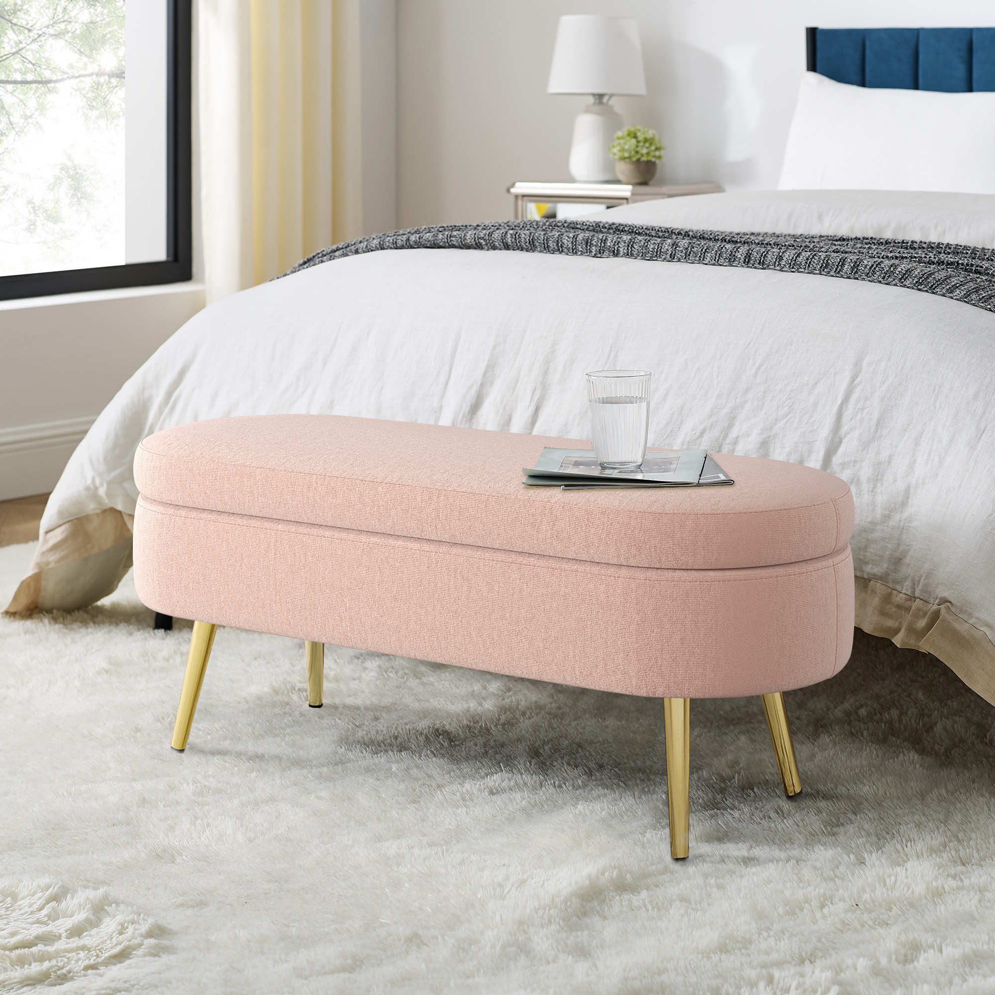 Ottoman Oval Storage Bench, Flannel With Metal Legs-Pink 43.5 X16 X16