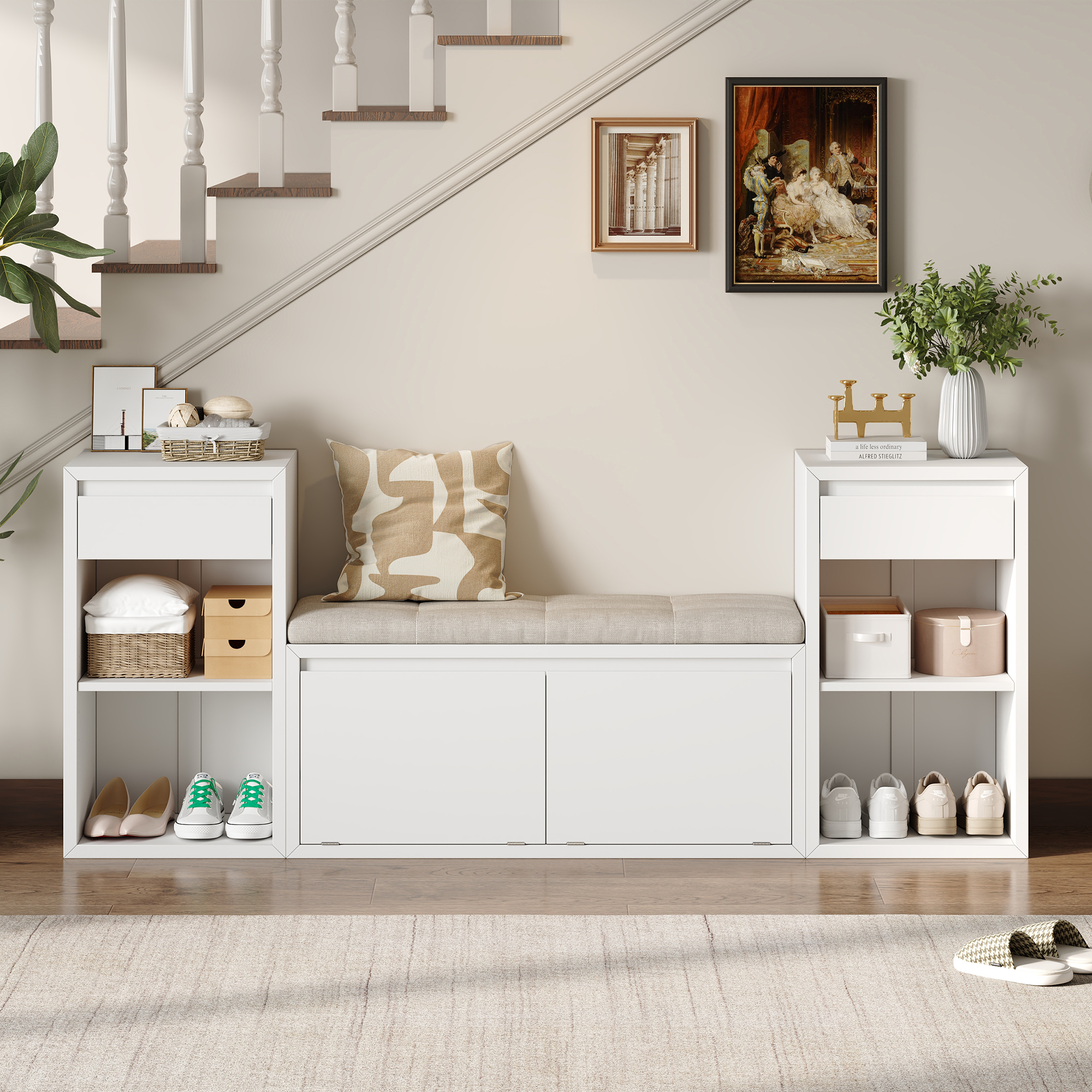 TREXM All-in-One Entryway Storage Bench With Cushion, Compartments, Drawers & Open Shelves, Storage Bench For Hallway, Mudroom, Living Room White