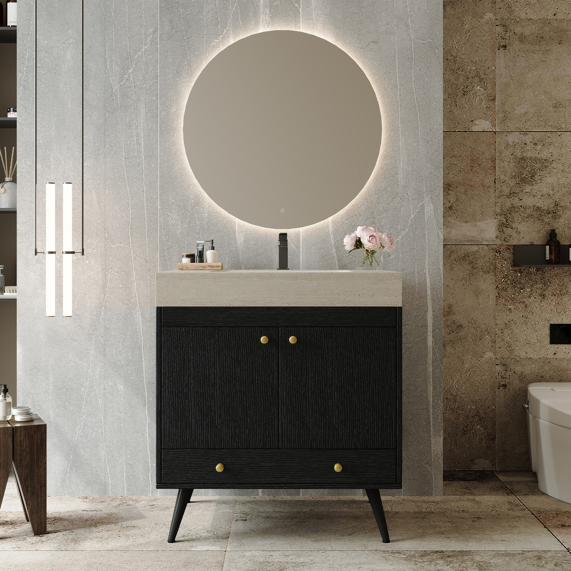 Contemporary  Free-standing Bathroom Vanity With Faux Marble Top & Ceramic Sink, 30  Double Door Storage Cabinet, Waterproof Engineered Wood