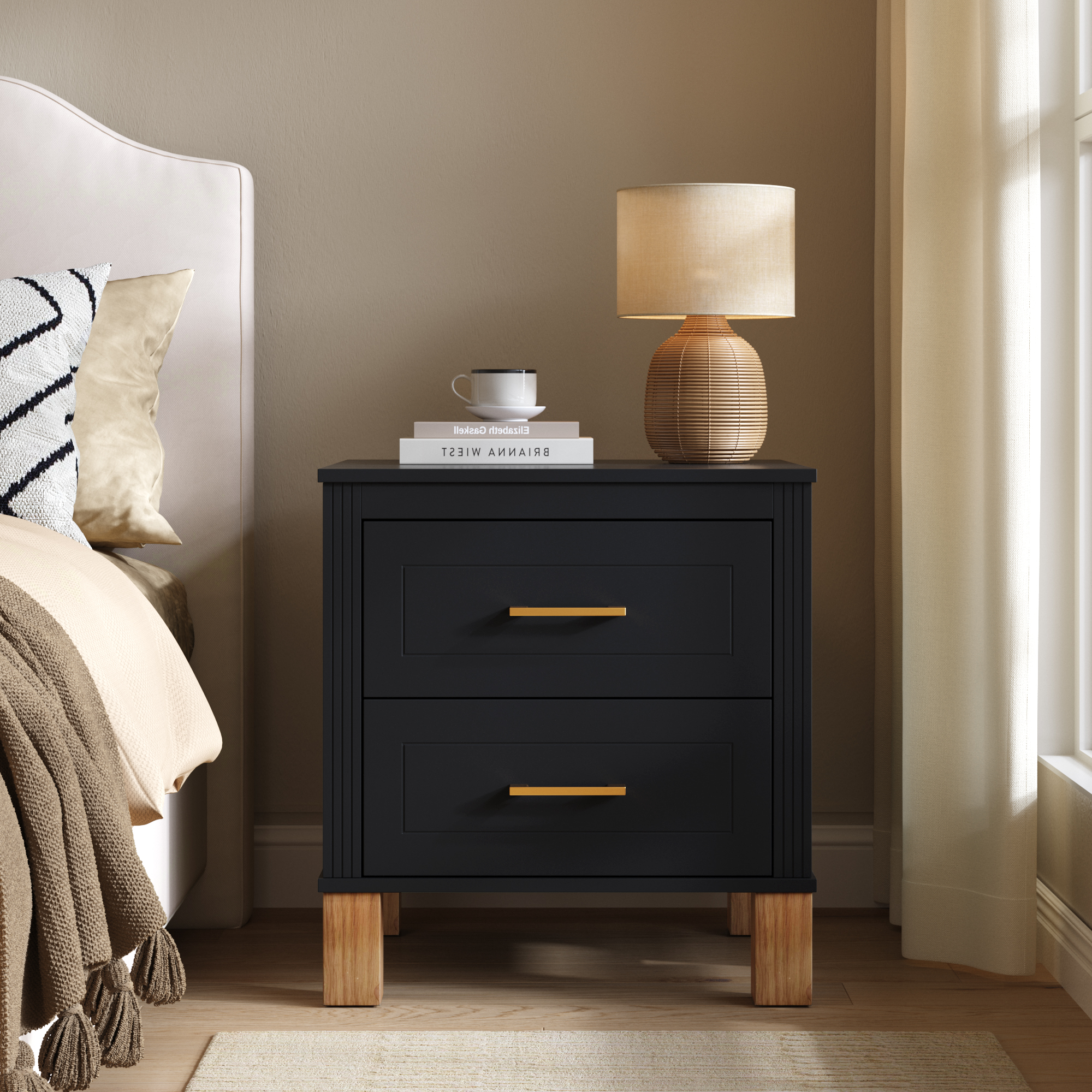 2 Drawer Nightstand, Premium Wood Storage With Elegant Fluted Design, Solid Wood Legs Nightstand With Metal Handle, Tall Bedside Table For Bedroom Living Room, Black