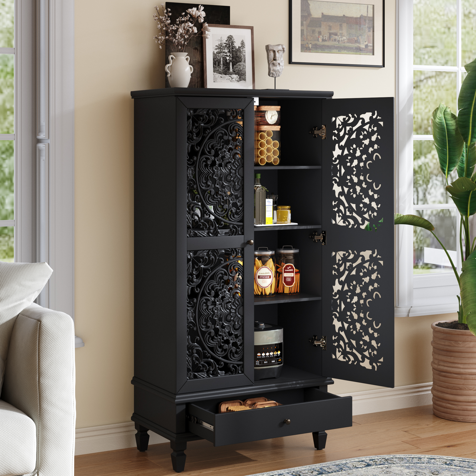 Rustic 55   Tall Storage Cabinet With Drawer, Decorative 2-Door Carved Wood Accent Cabinet With Solid Wood Legs For Living Room, Hallway, Dining Room, Black