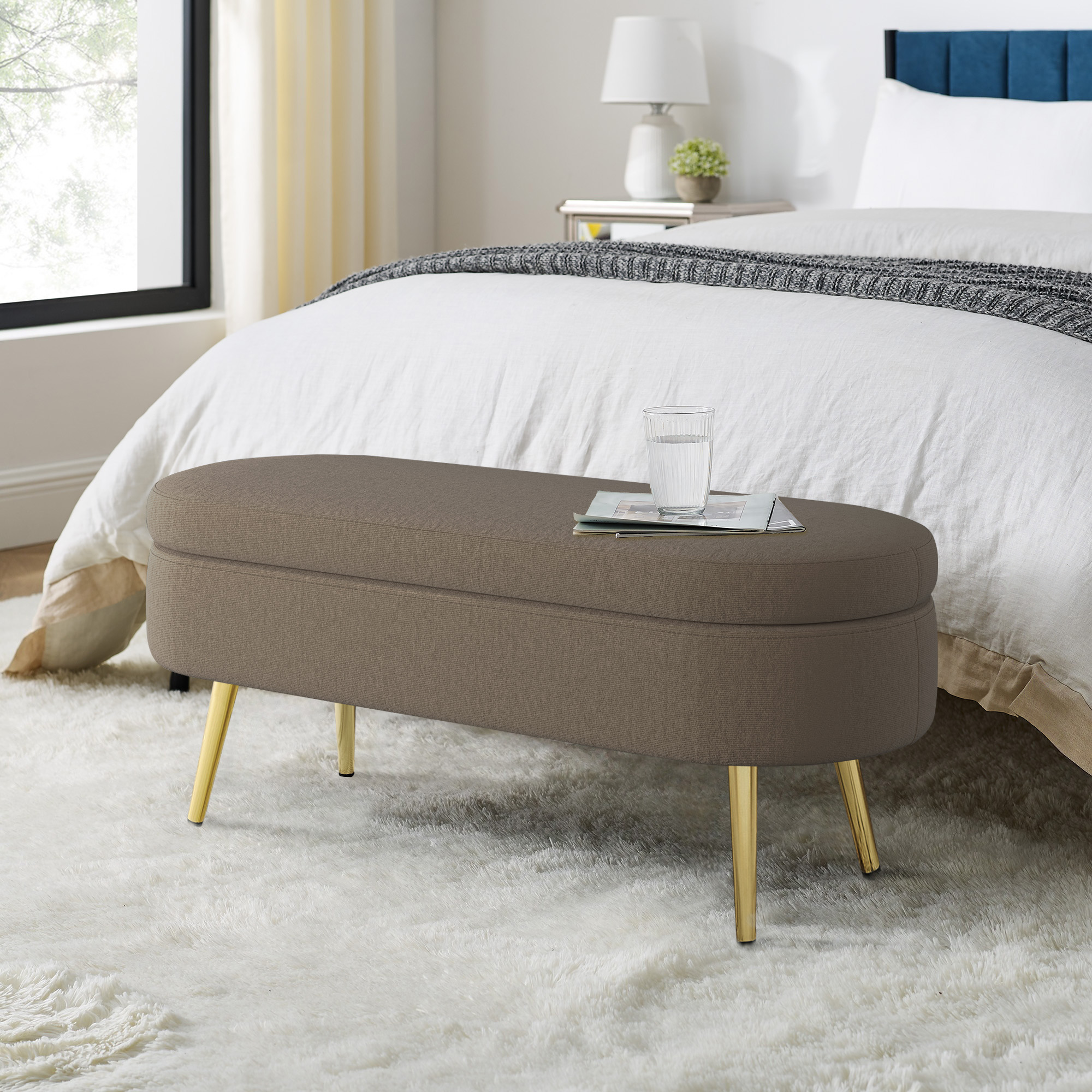Ottoman Oval Storage Bench, Flannel With Metal Legs-Brown 43.5 X16 X16