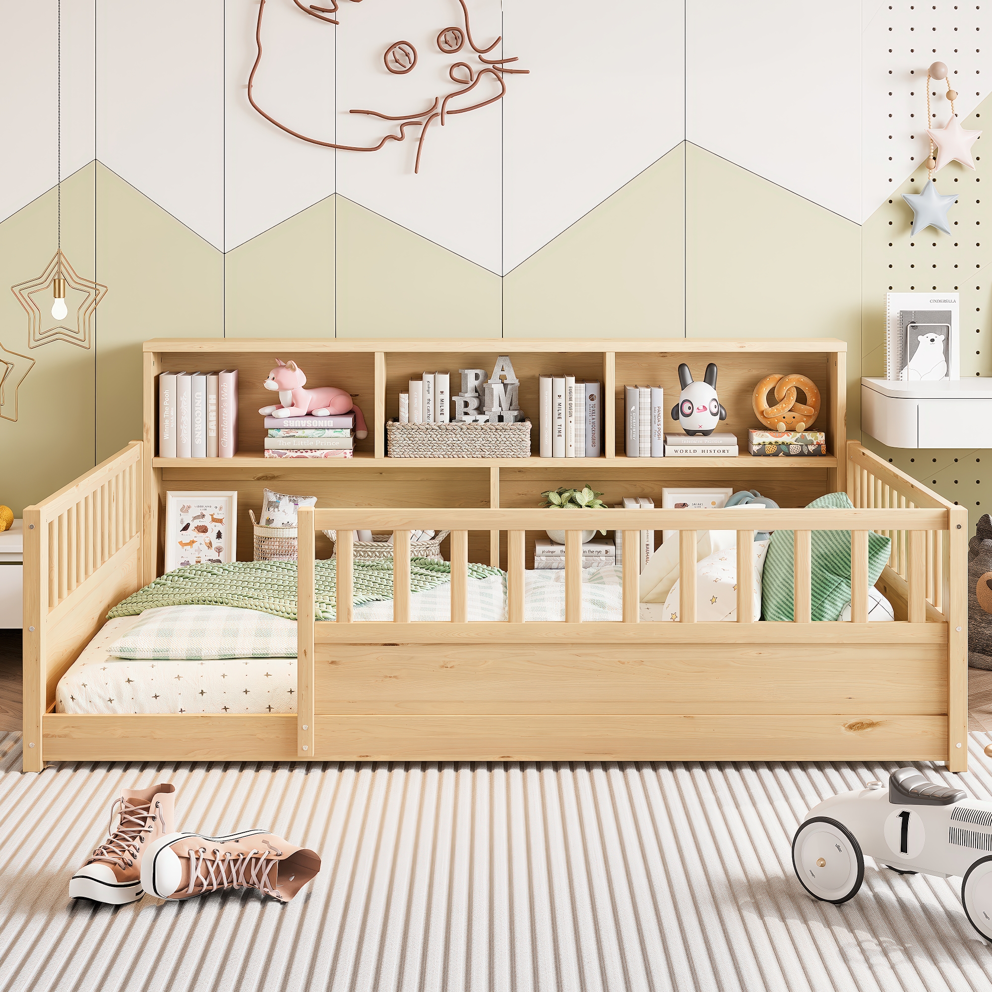 A Full-sized Wooden Floor Bed With A Fence-style Guardrail, Featuring A Side Storage Decorative Function, And Its Color Is Natural