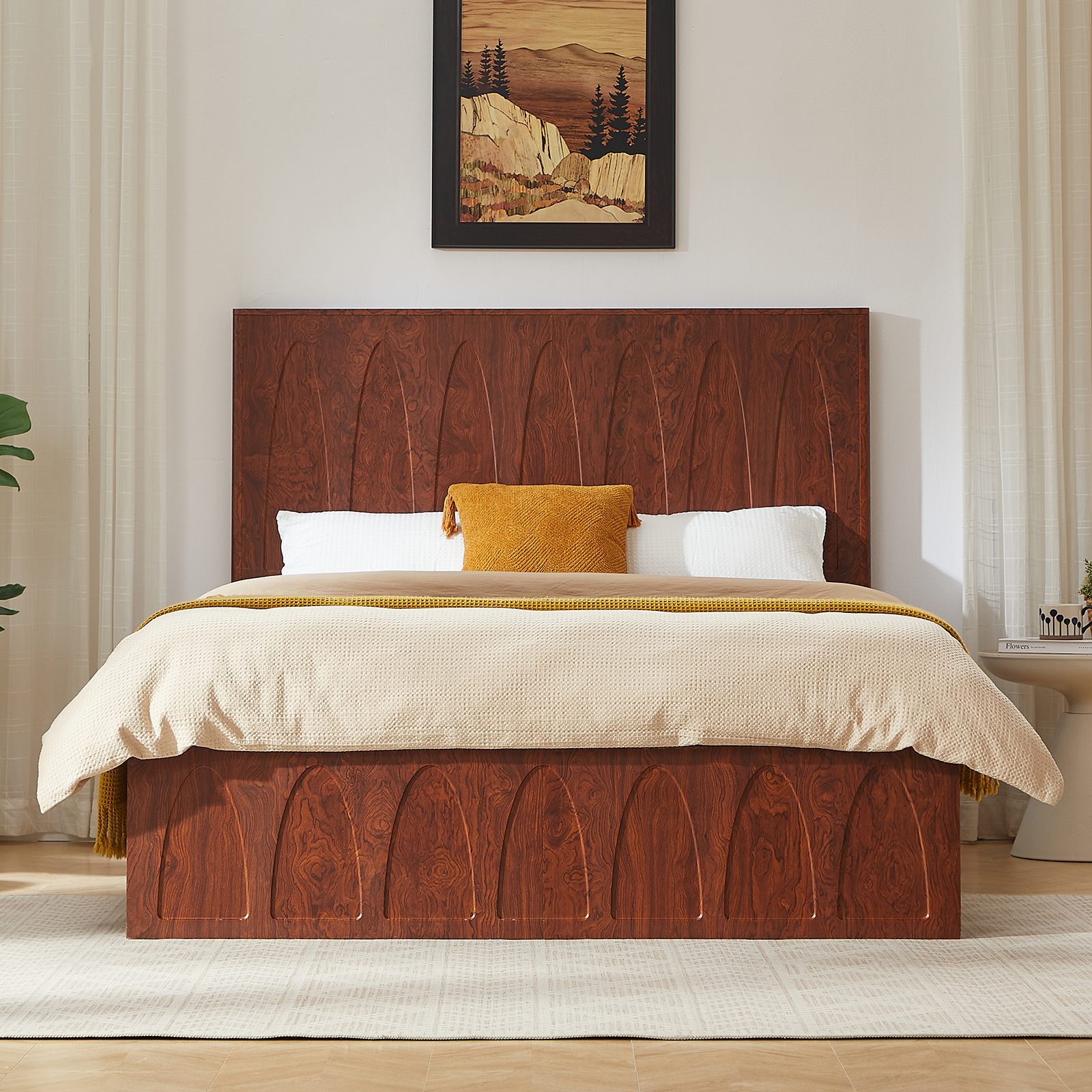 Brand Queen Size Solid Wood Platform Bed Frame With Side Storage Drawers, Curved Headboard Wood Slat Support, No Box Spring Needed, Minimalist Natural Wood Bedroom Bed Queen