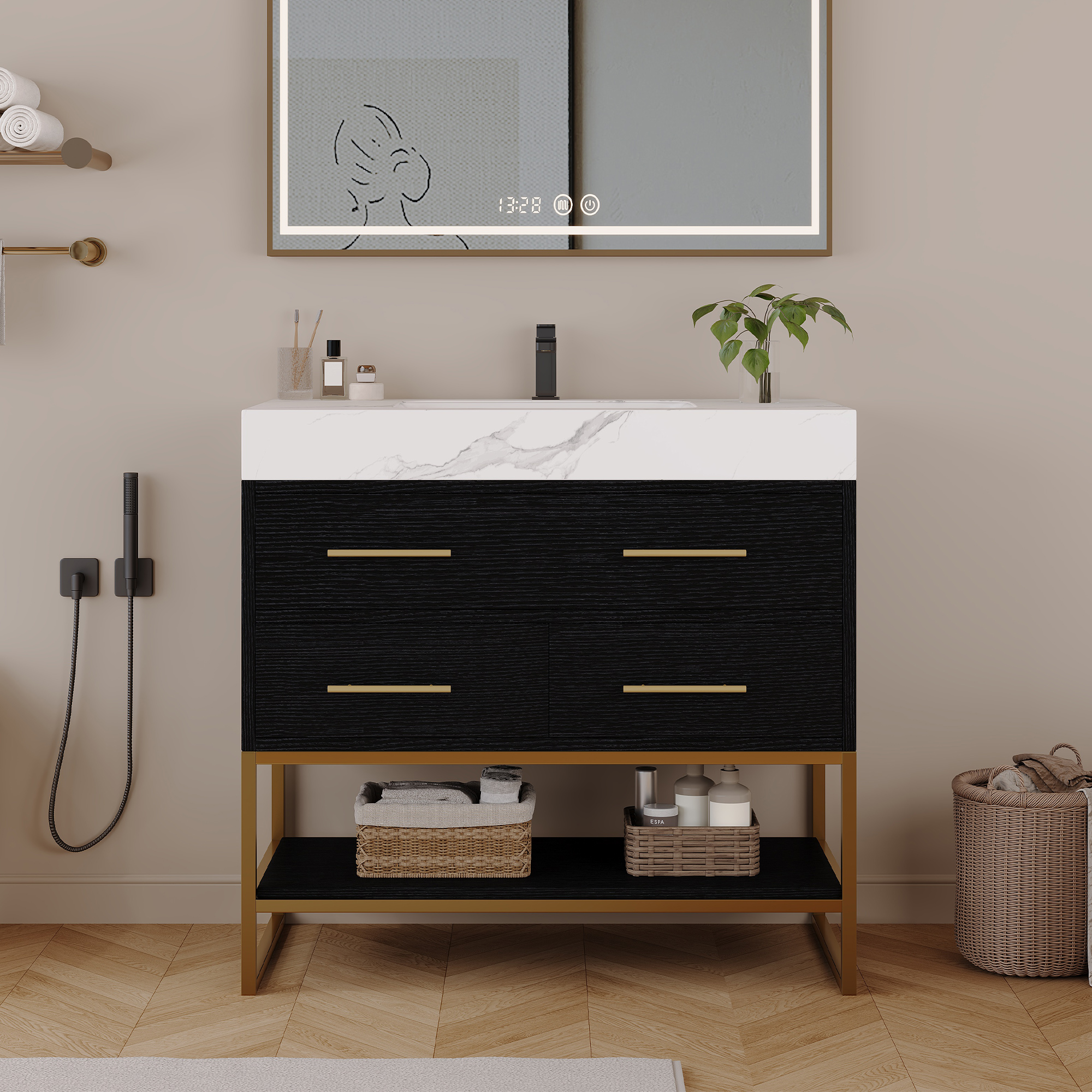 36  Artificial Stone Bathroom Vanity With Ceramic Sink, Modern Bathroom Sink Cabinet With Soft Close Drawers And Open Shelves, Free-standing Bathroom 