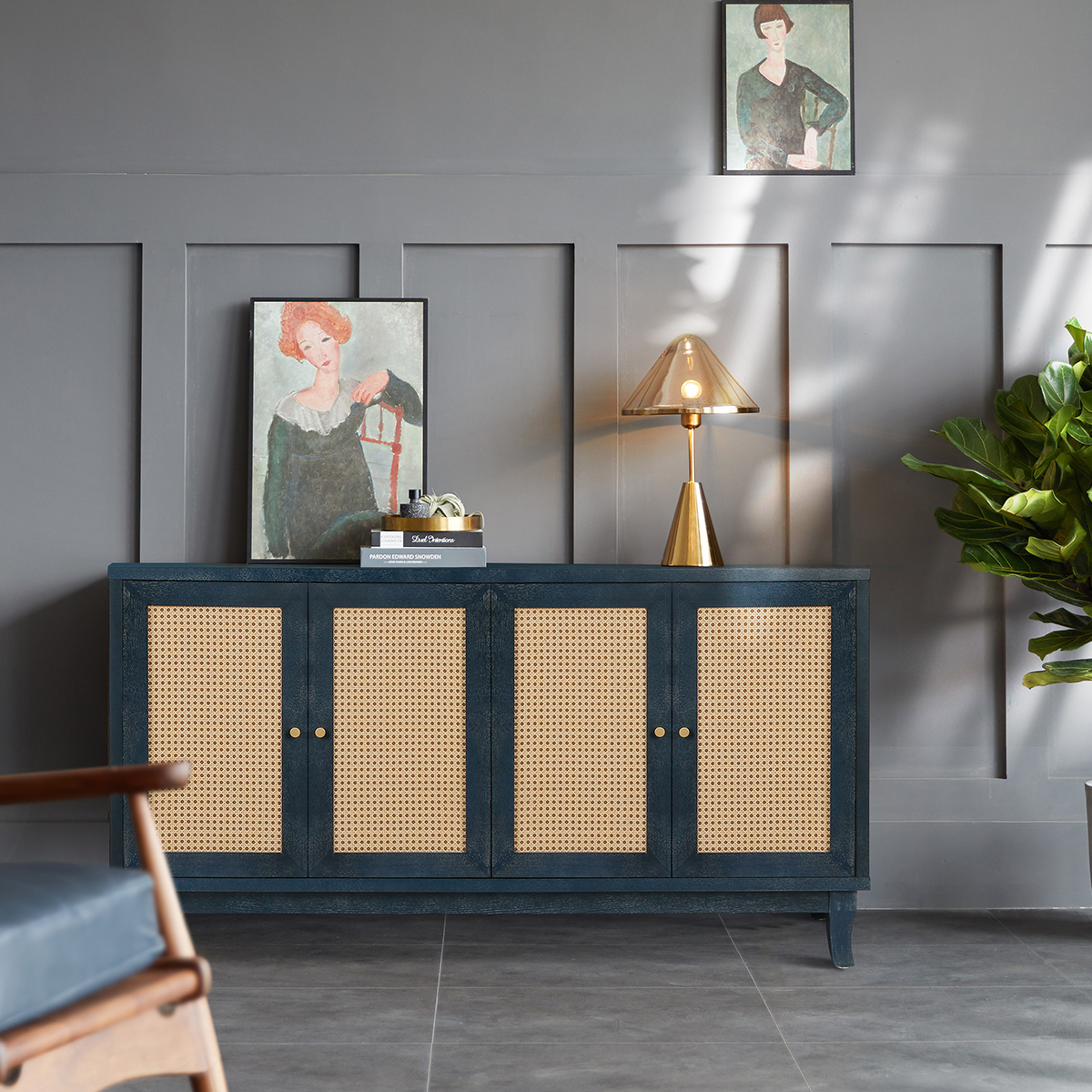 Handcrafted Premium Grain Panels,Rattan Sideboard Buffer Cabinet,Accent Storage Cabinet With 4 Rattan Doors, Modern Storage Cupboard Console Table With Adjustable Shelves For Living Room ,BLUE