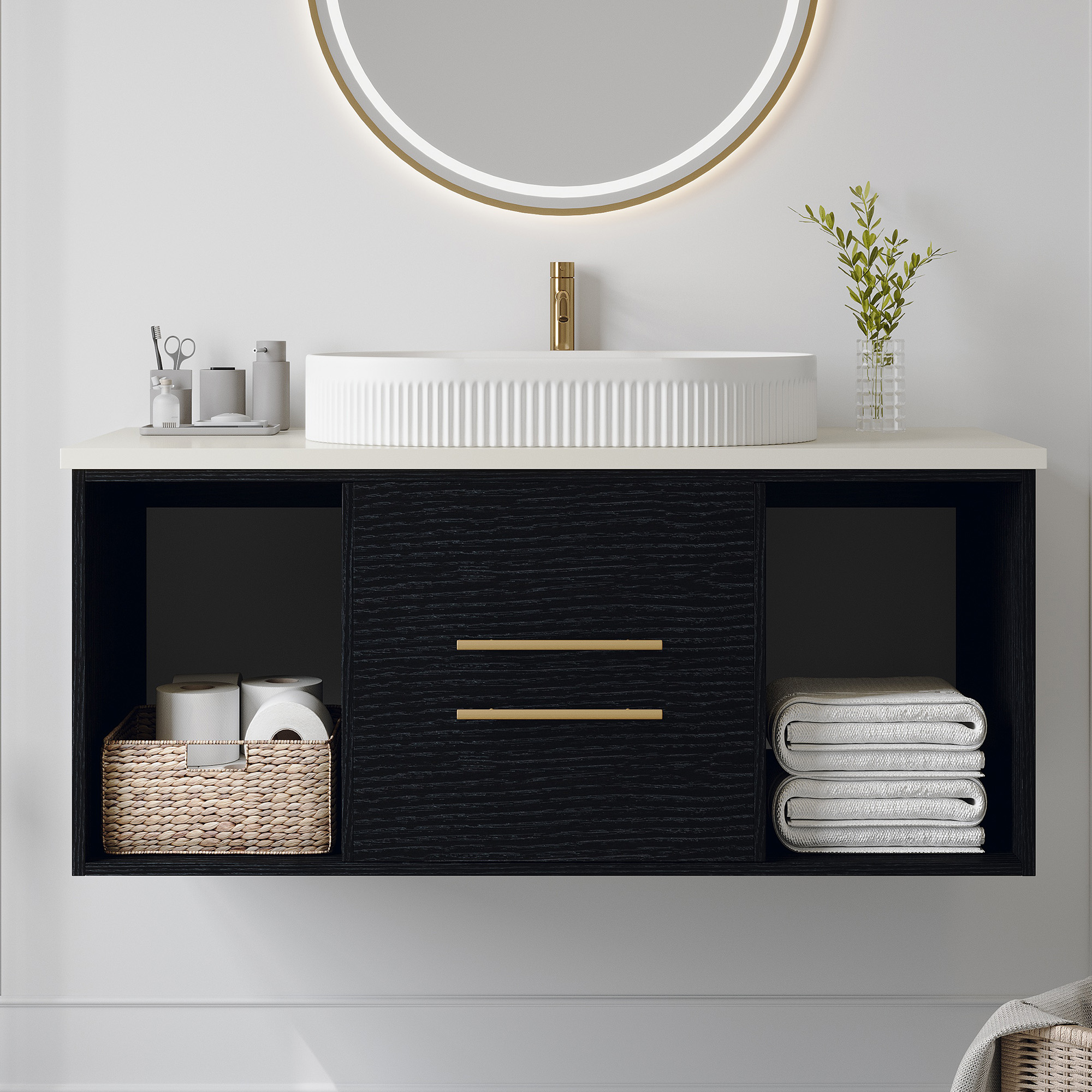 Modern 39.4-In Wall-Mounted Bathroom Vanity With Oval Ceramic Sink Floating Vanity Multi-Layer Solid Wood Cabinet Soft-Close Drawers Open Shelf Storage