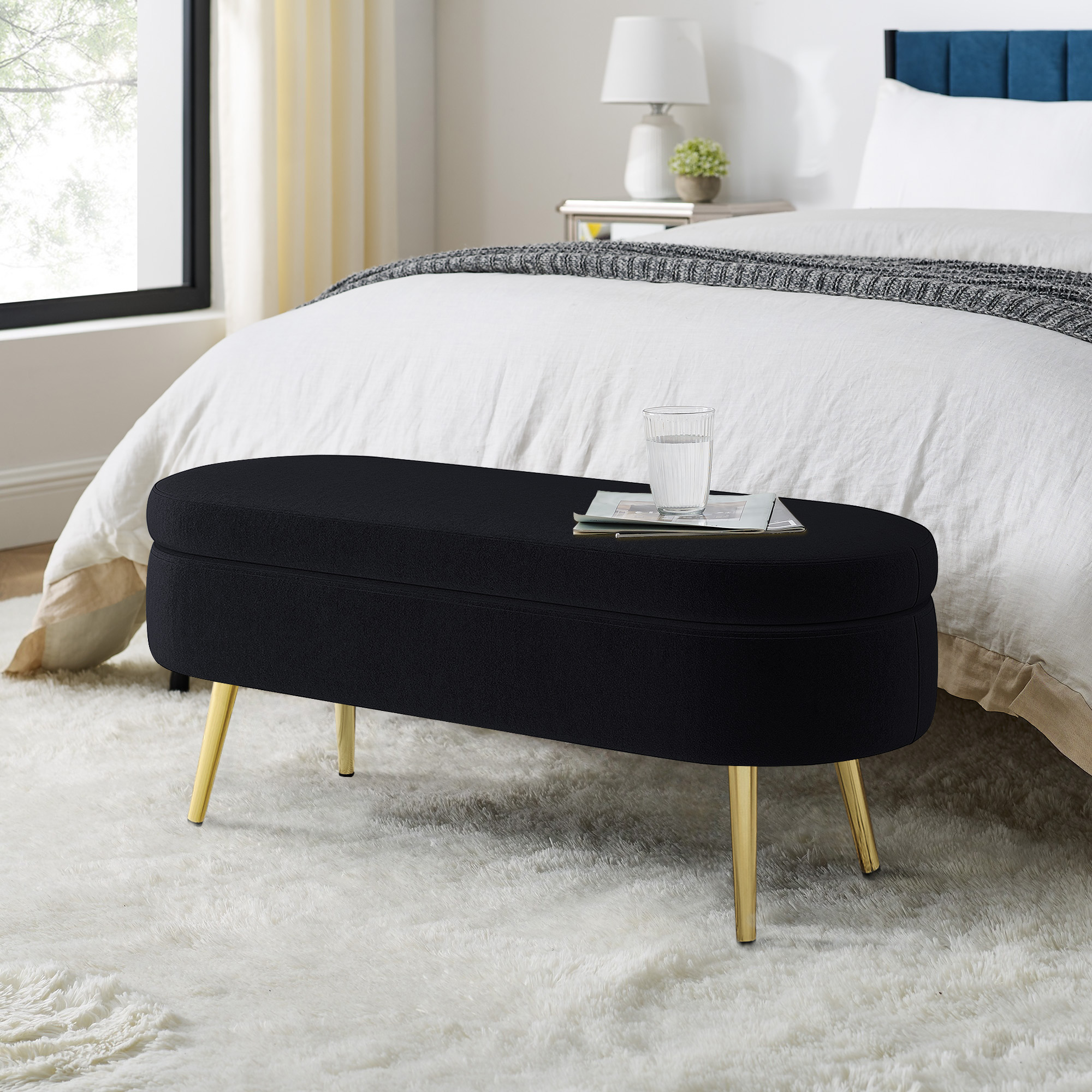 Ottoman Oval Storage Bench, Flannel With Metal Legs-Black 43.5 X16 X16