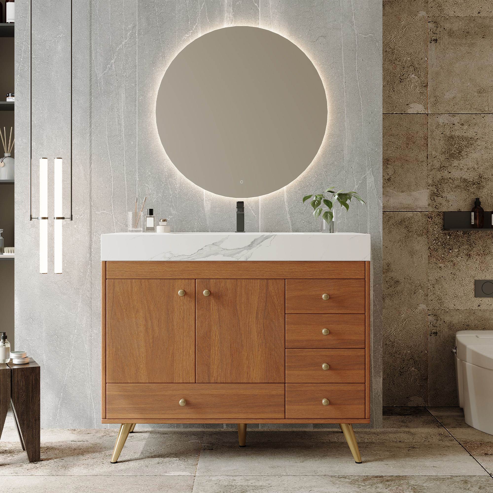 36  Freestanding Bathroom Vanity With Faux Marble Top, Ceramic Sink, 5 Drawers & Stainless Steel Legs