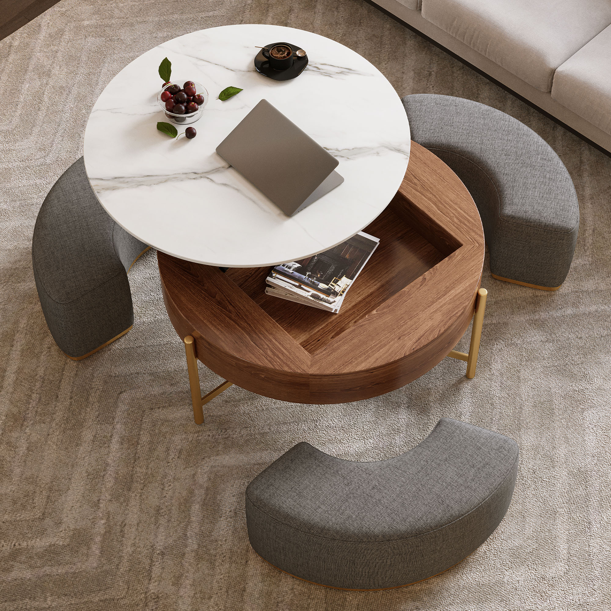 Modern Lift-Top Round Coffee Table With Hidden Storage, Walnut Veneer & Sintered Stone Top,3 Upholstered Nesting Ottomans, Space-Saving Design, Fully Assembly