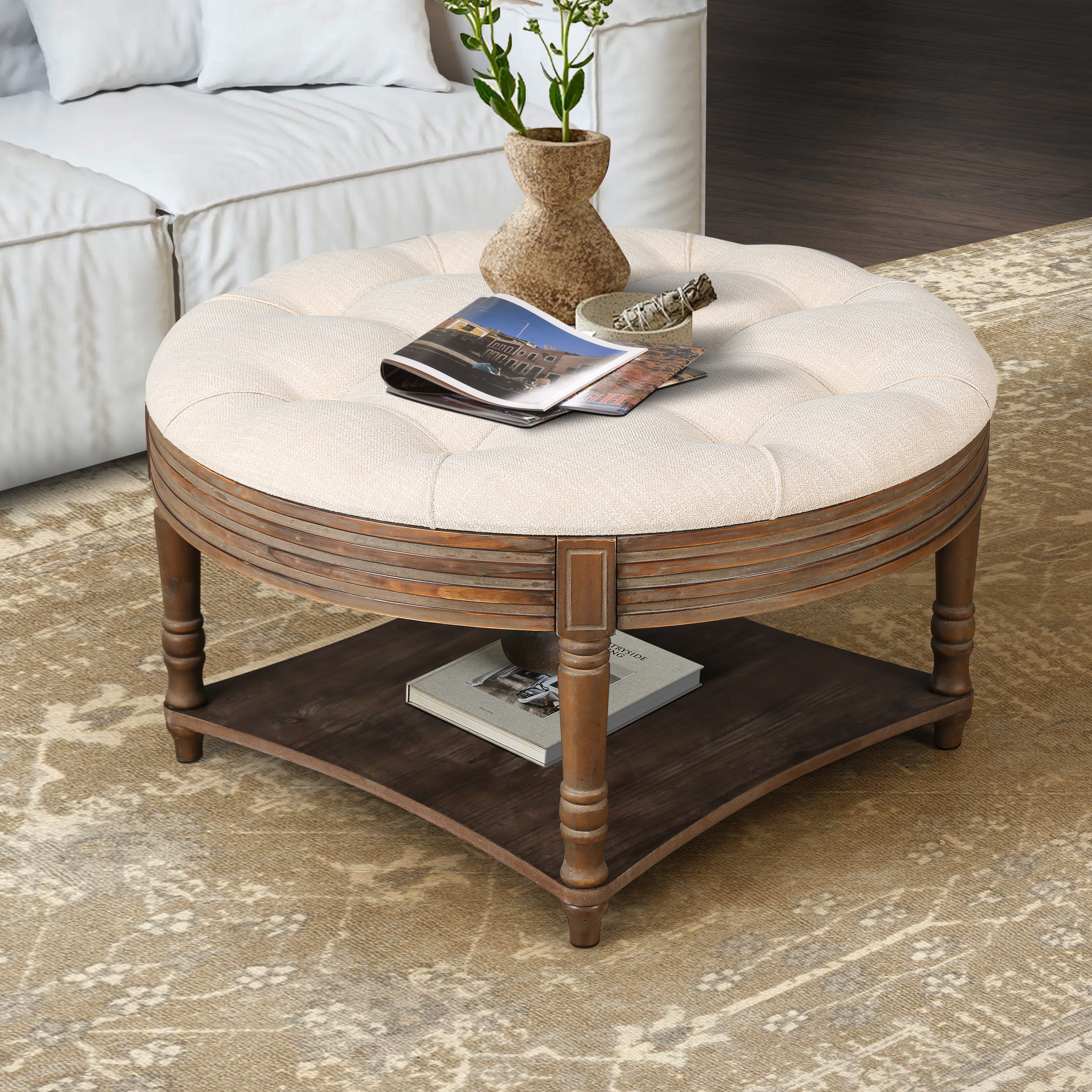 Large Round WaterProof Ottoman Coffee Table 2 Tier Oversized Button Tufted Ottoman With Wooden Shelf Storage Farmhouse Upholstered Coffee Table Living