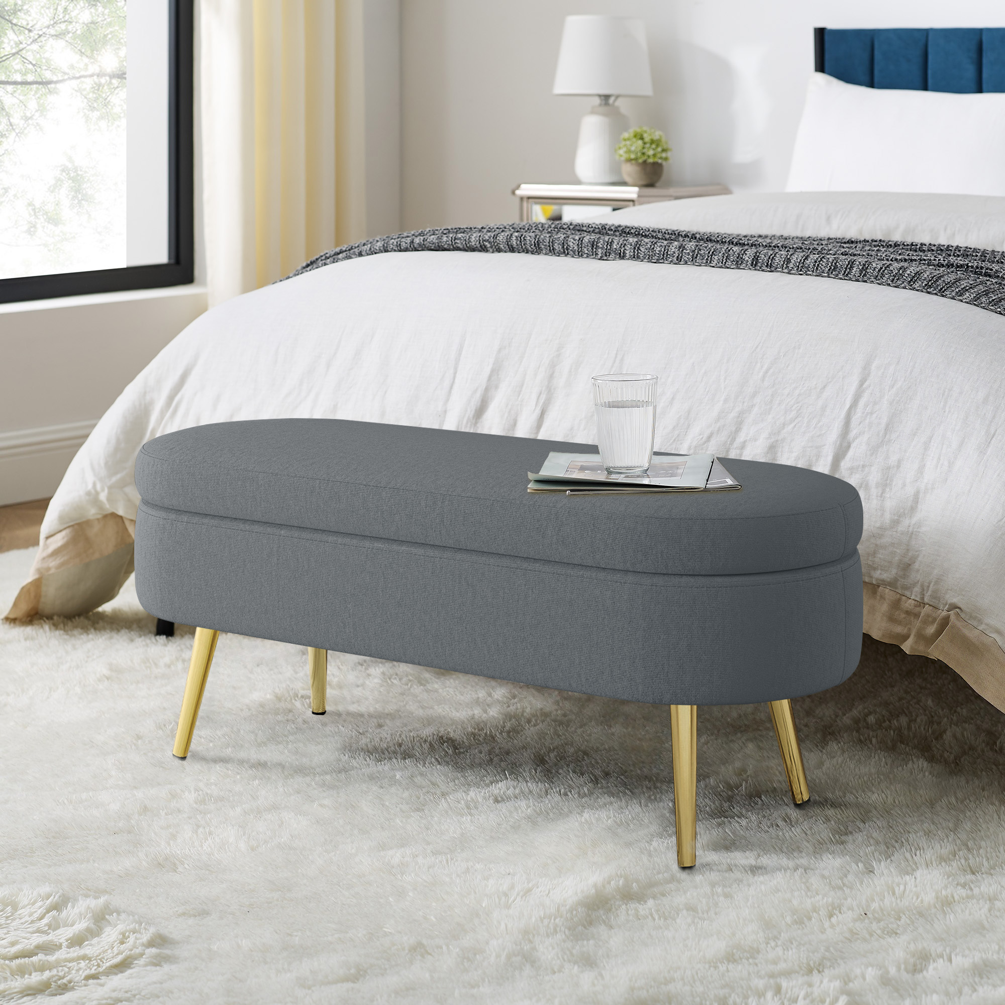 Ottoman Oval Storage Bench, Flannel With Metal Legs-Dark Gray 43.5 X16 X16