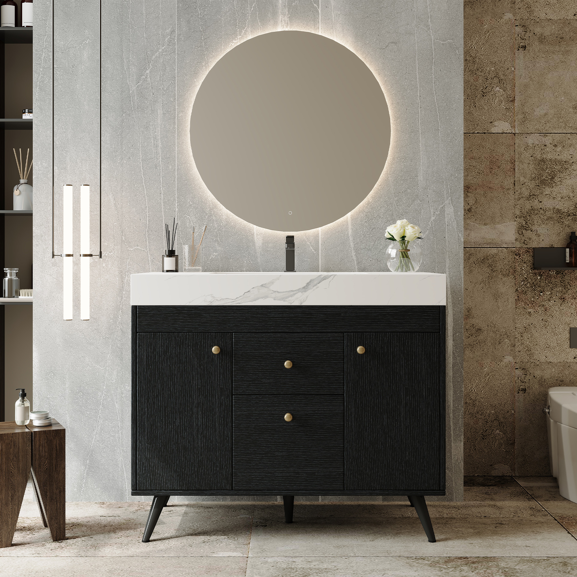 36  Modern Freestanding Bathroom Vanity With Sintered Stone Top, Ceramic Sink & Smart Storage