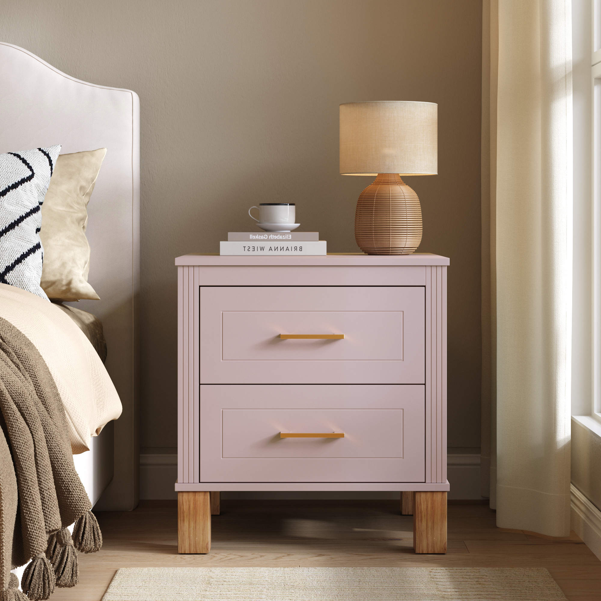 2 Drawer Nightstand, Premium Wood Storage With Elegant Fluted Design, Solid Wood Legs Nightstand With Metal Handle, Tall Bedside Table For Bedroom Living Room, Pink