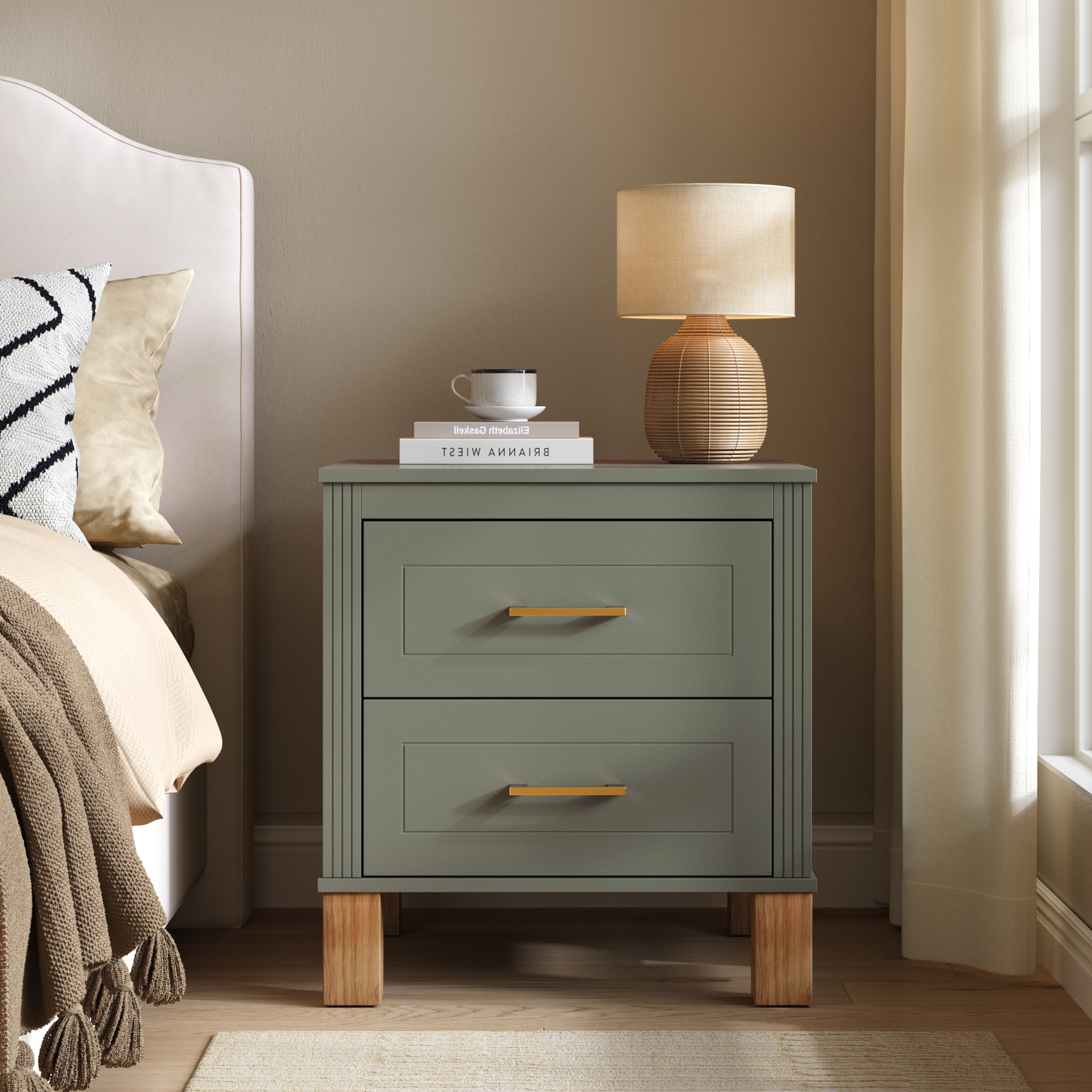 2 Drawer Nightstand, Premium Wood Storage With Elegant Fluted Design, Solid Wood Legs Nightstand With Metal Handle, Tall Bedside Table For Bedroom Living Room,Olive