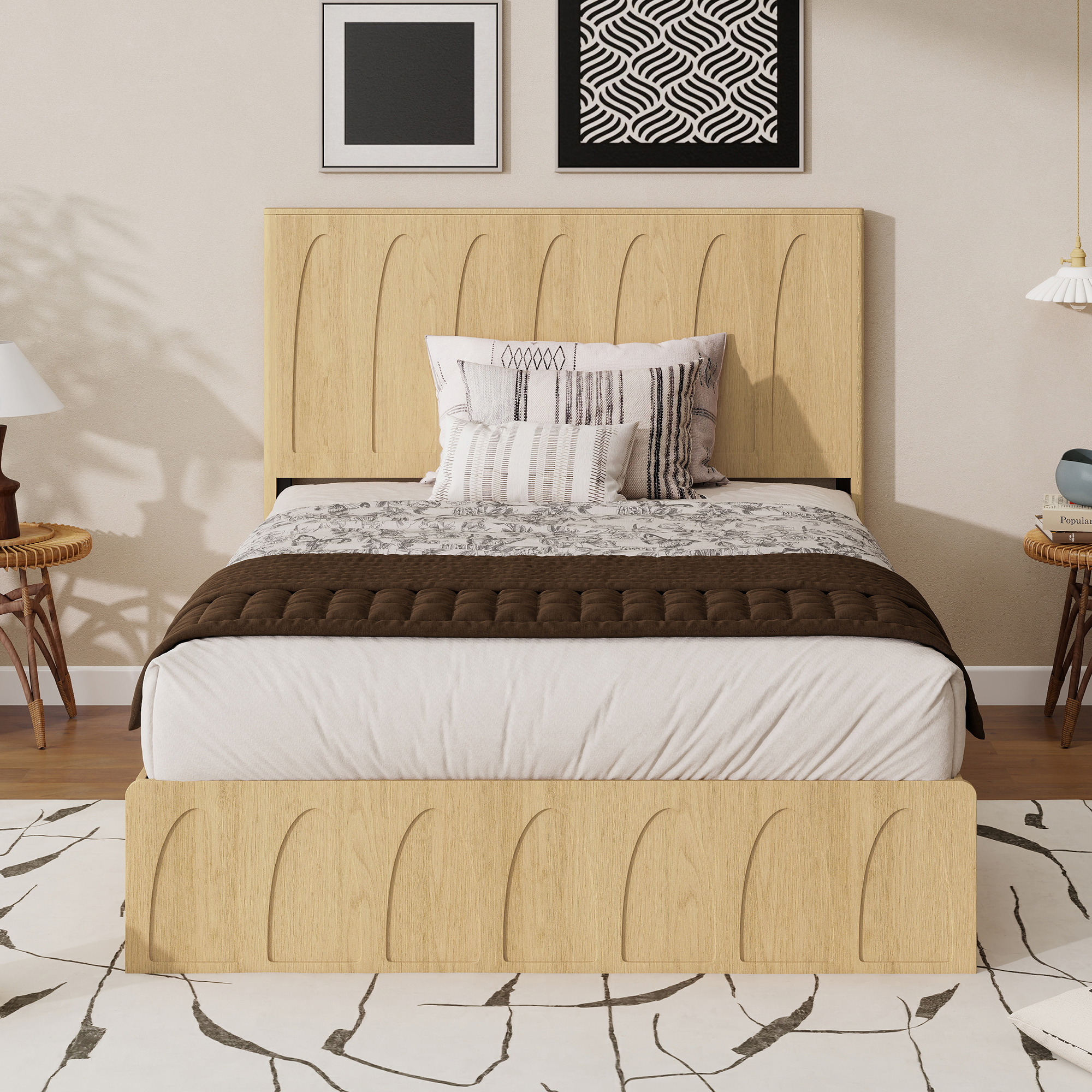 Brand Queen Size Solid Wood Platform Bed Frame With Side Storage Drawers, Curved Headboard Wood Slat Support, No Box Spring Needed, Minimalist Natural Wood Bedroom Bed Queen