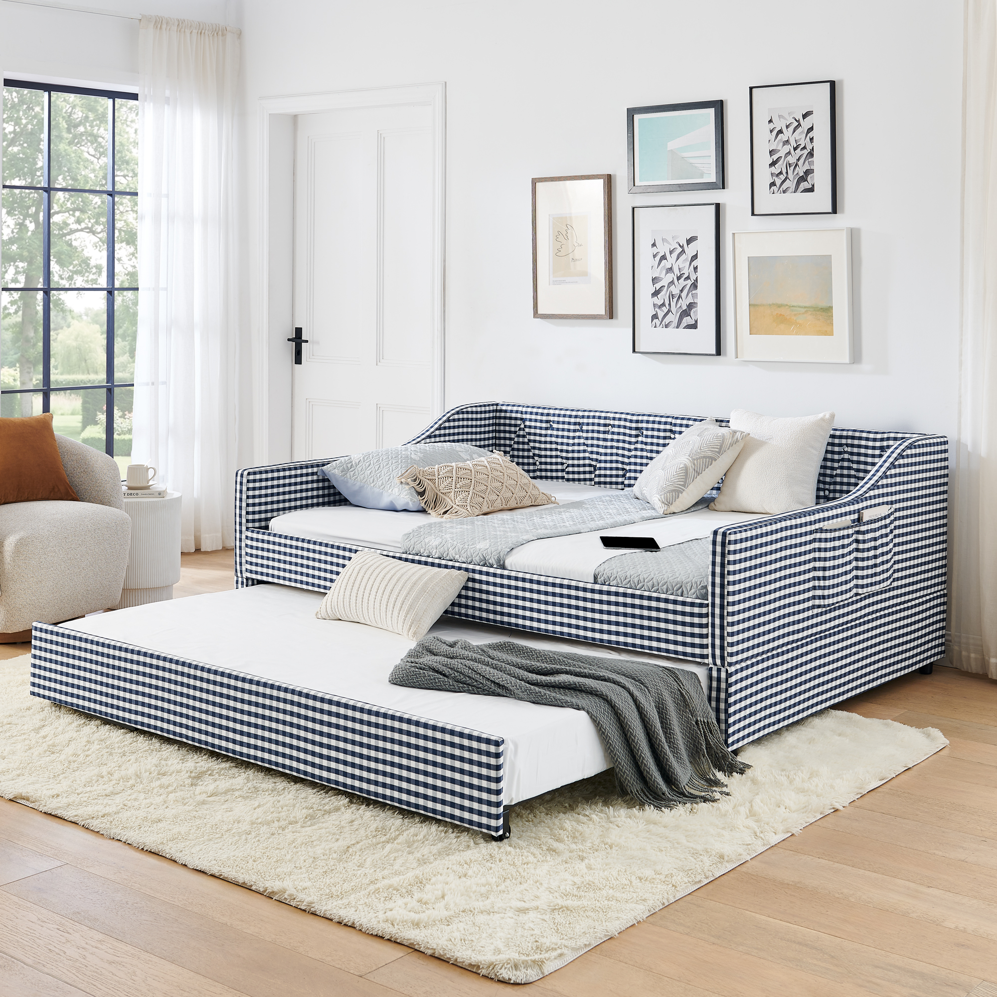 Full Size Daybed,Upholstered Convertible Daybed With Tufted Button Backrest, 3 In 1 Versatile Sofa Bed With Pull Out Trundle & Side Storage, Perfect For Compact Living-Dark Blue