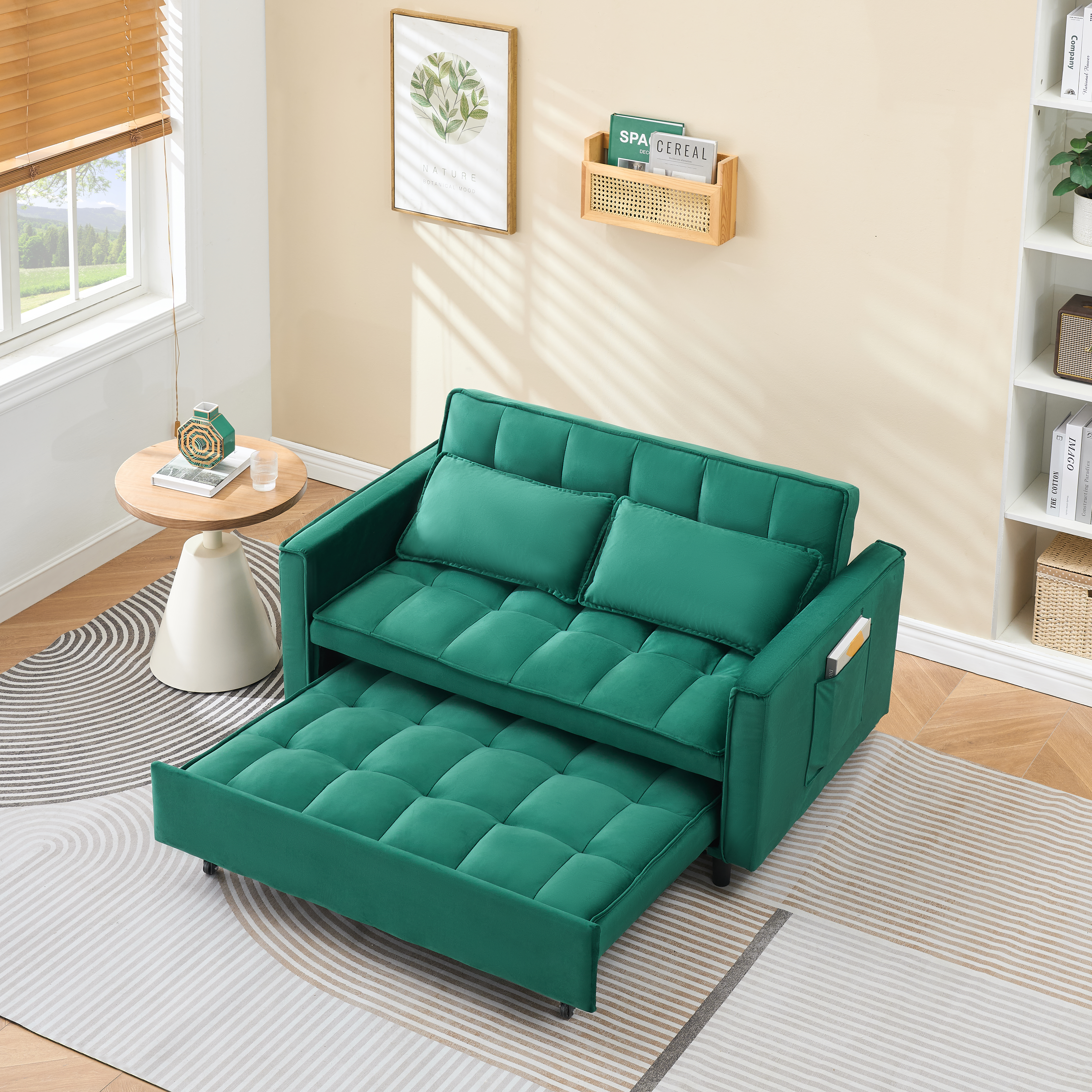 55  Green Velvet Sofa, Elegant With Convenient Pockets, Clever Interpretation Of The Three-in-one Conversion Art