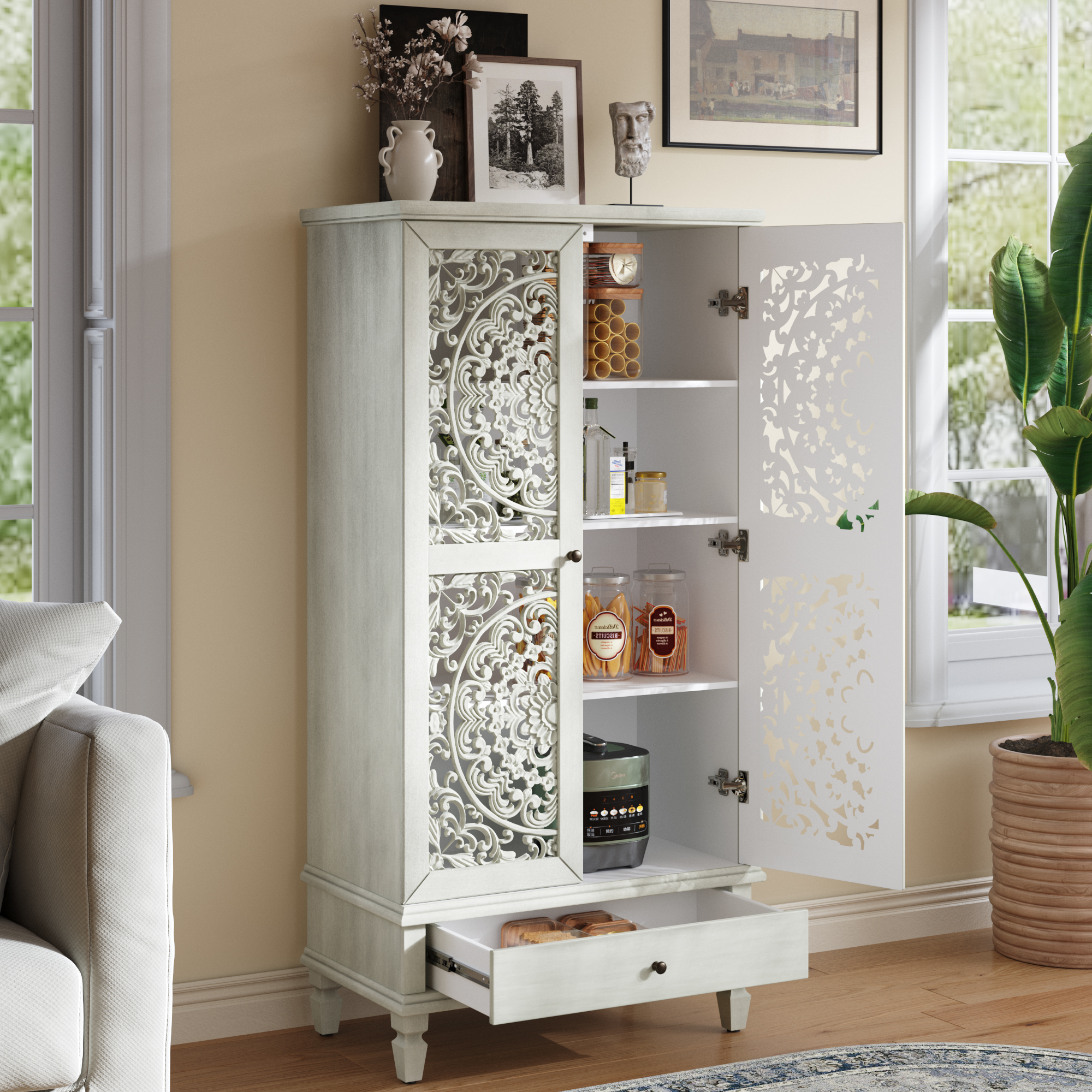 Rustic 55   Tall Storage Cabinet With Drawer, Decorative 2-Door Carved Wood Accent Cabinet With Solid Wood Legs For Living Room, Hallway, Dining Room, Antique Grey White