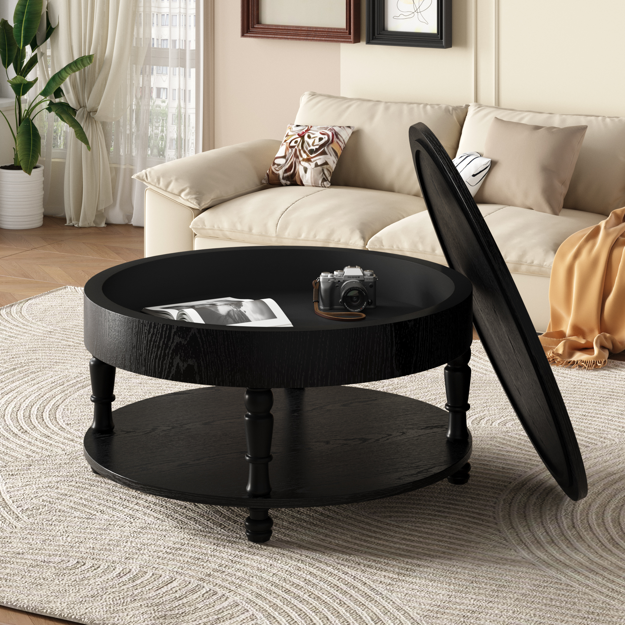 Coffee Table With Dual Storage For Living Room, 31.5  Modern Round Coffee Table With Storage And Hidden Compartment, Adjustable Leveling Feet, Easy Assembly  Black