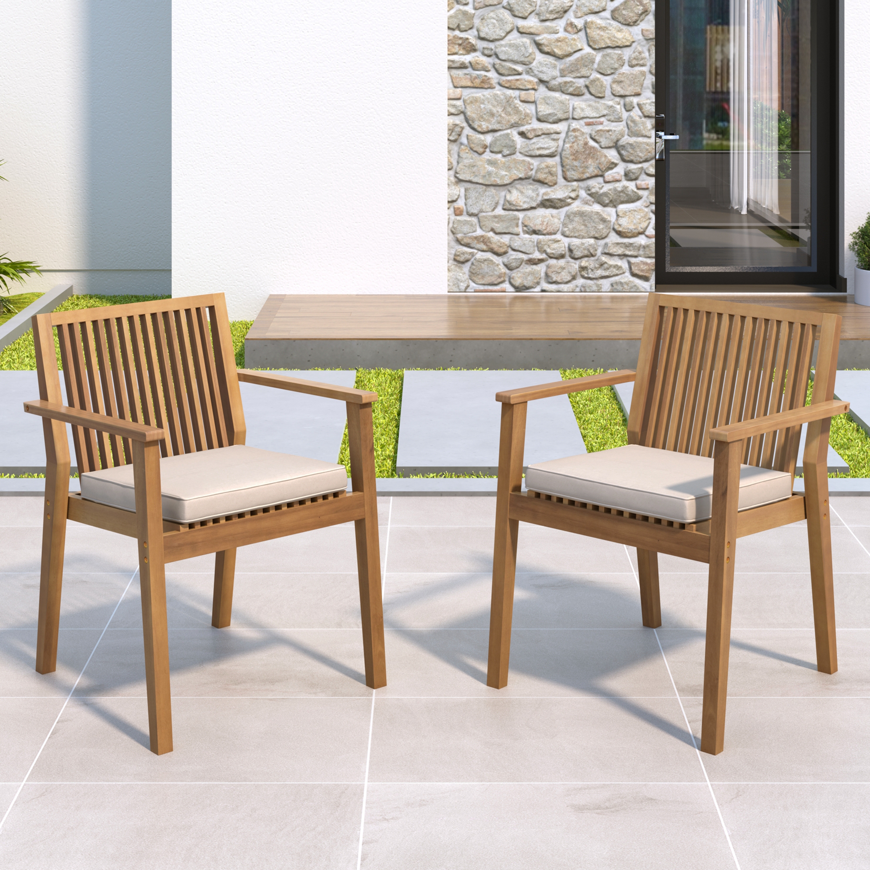 Patio Dining Chair Set Of 2 - Sturdy Acacia Wood, Comfortable Waterproof Seating, 400 Lbs Capacity, Brown Color Frame