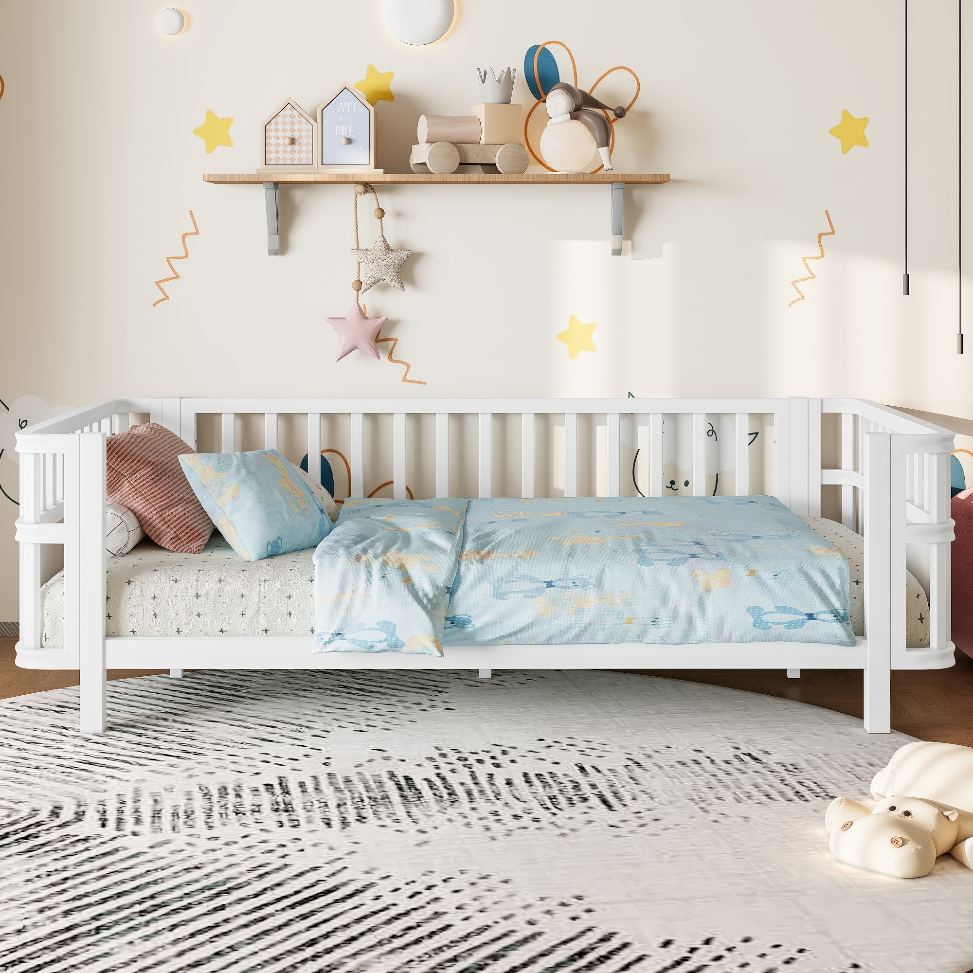Children S Double Wooden Platform Bed With Railings, A Low Iron Double Bed With Railings, Suitable For Girls And Boys,  Twin,White
