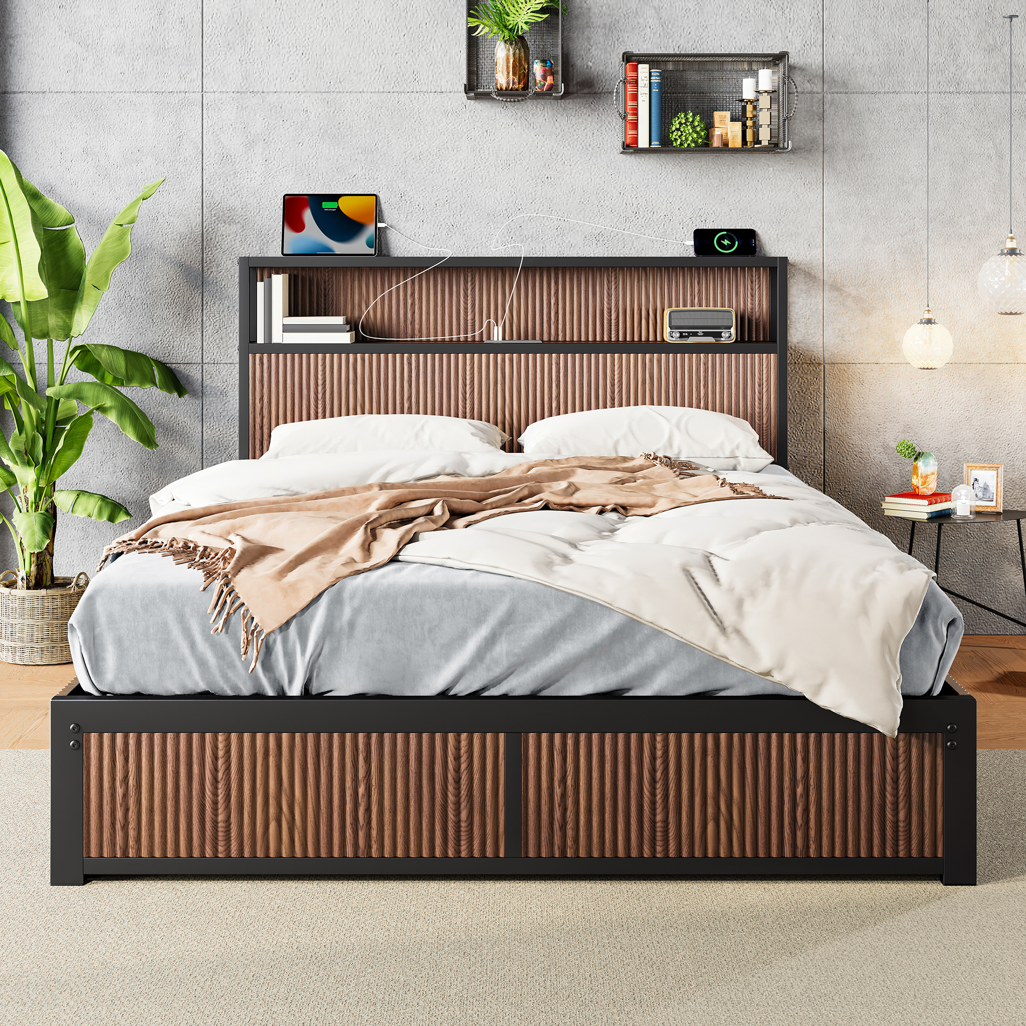 Large Raised-pattern Storage Bed Frame, Wooden Platform Bed Frame With Multiple Drawer Storage Function, Bedside Socket, Brown Wood  Queen