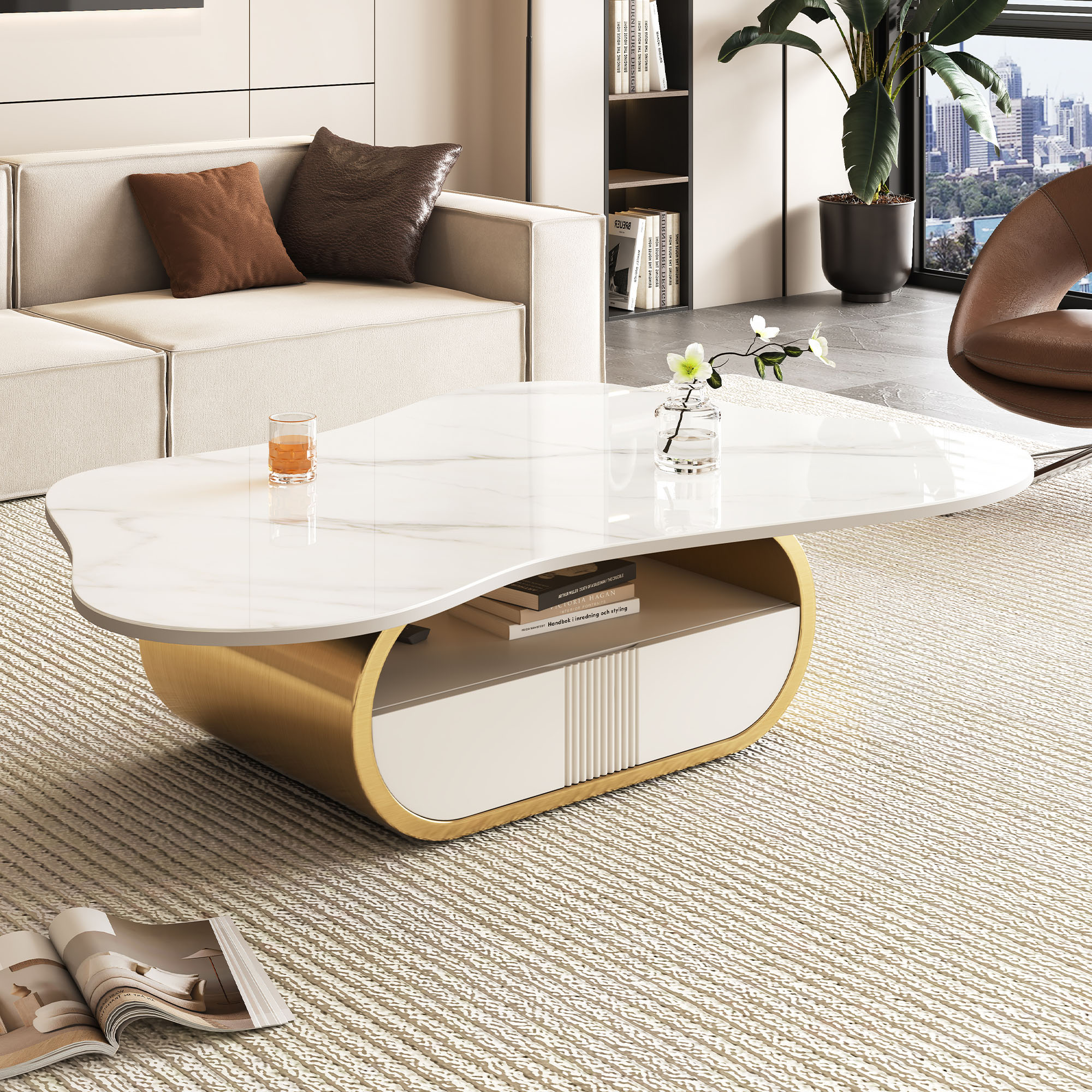 Modern Butterfly Coffee Table With Sintered Stone Top -Oval Center Table With Storage Shelf & Drawer, Stainless Steel Base & MDF Cabinet