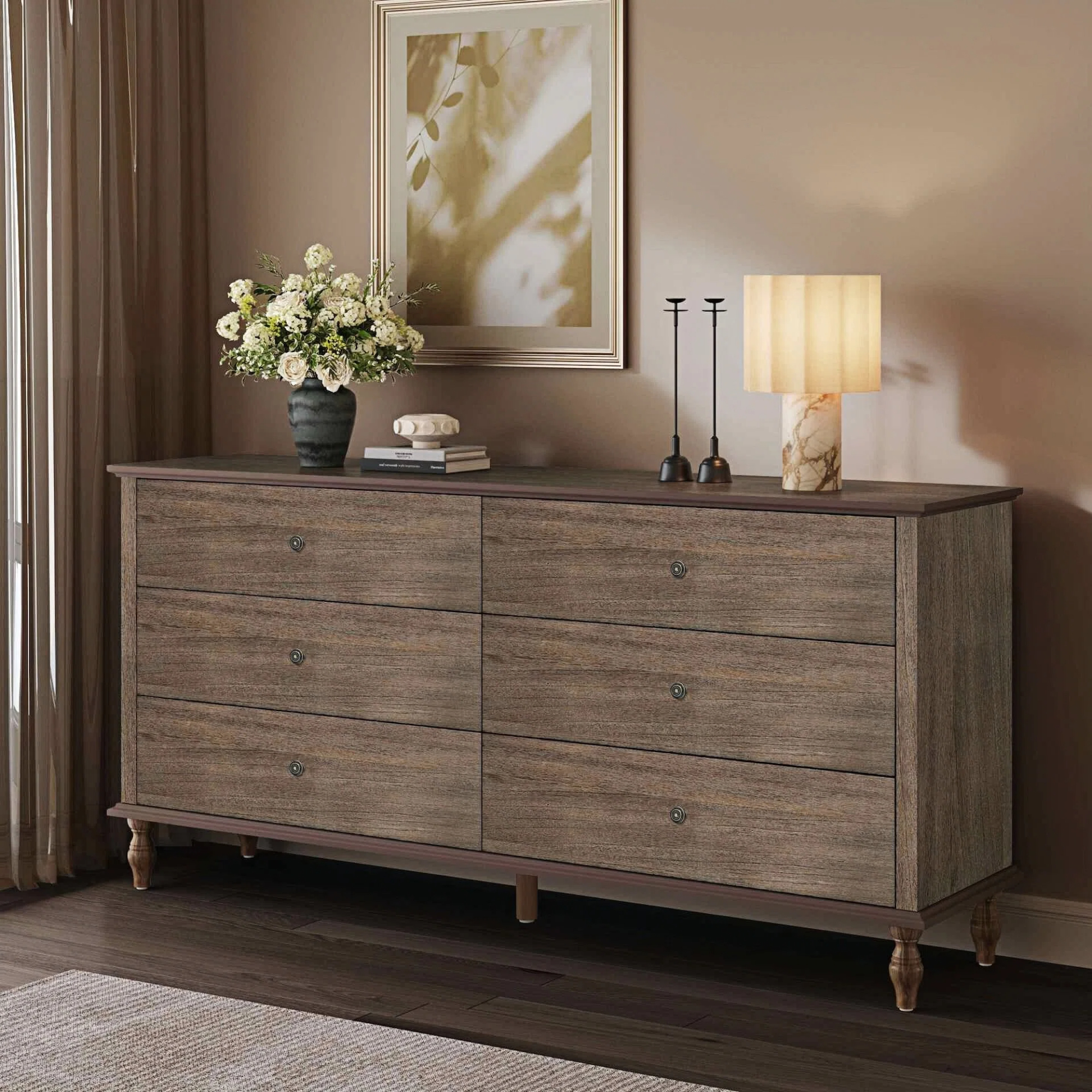 6-Drawer Double Wide Wood Dresser For Bedroom, Deep Brown Burnt Wood Finish Storage Chest With Self-Closing Slides, Metal Copper Handles, Solid Wood Roman Column Legs, Anti-Tip Kit Included