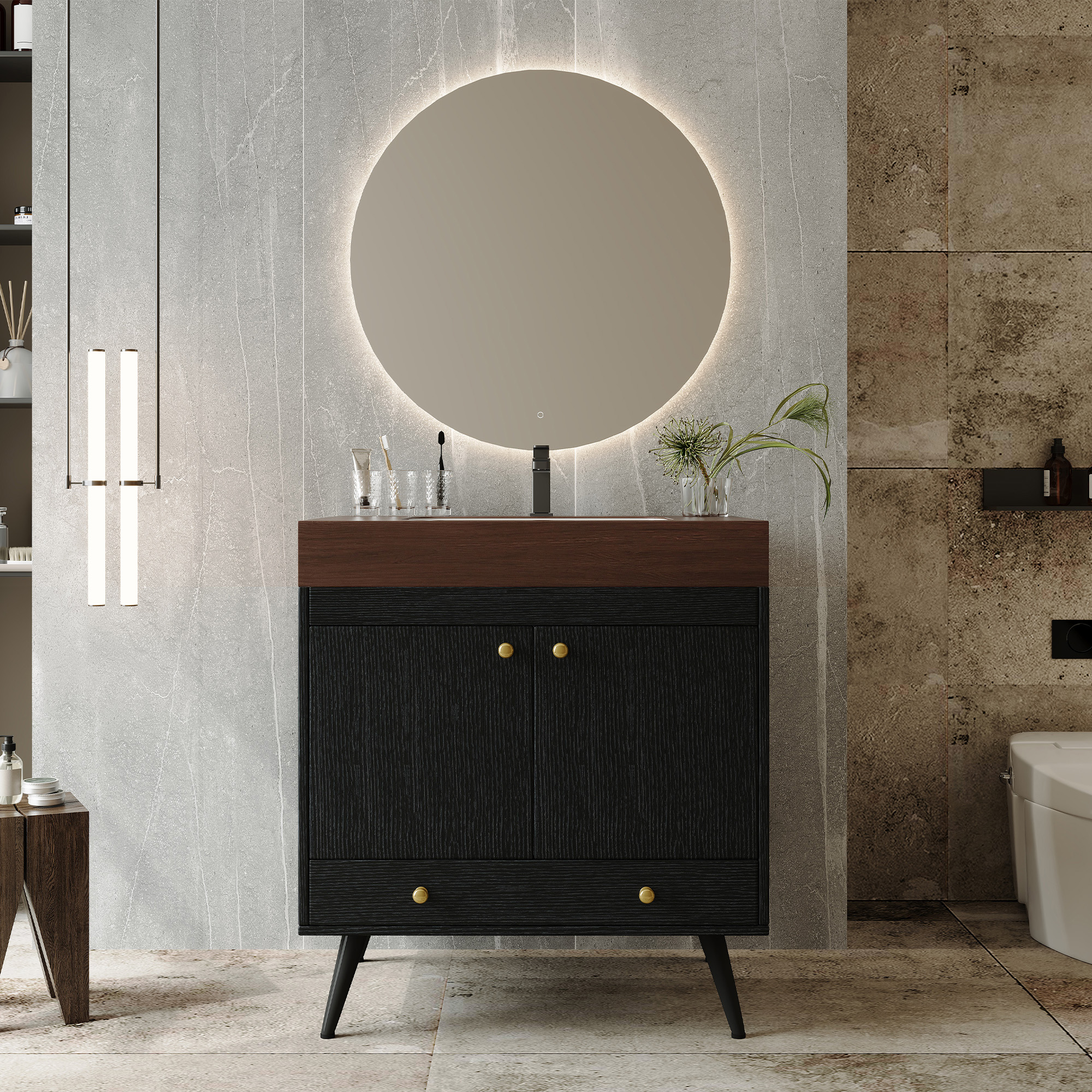 Contemporary  Free-standing Bathroom Vanity With Faux Marble Top & Ceramic Sink, 30  Double Door Storage Cabinet, Waterproof Engineered Wood