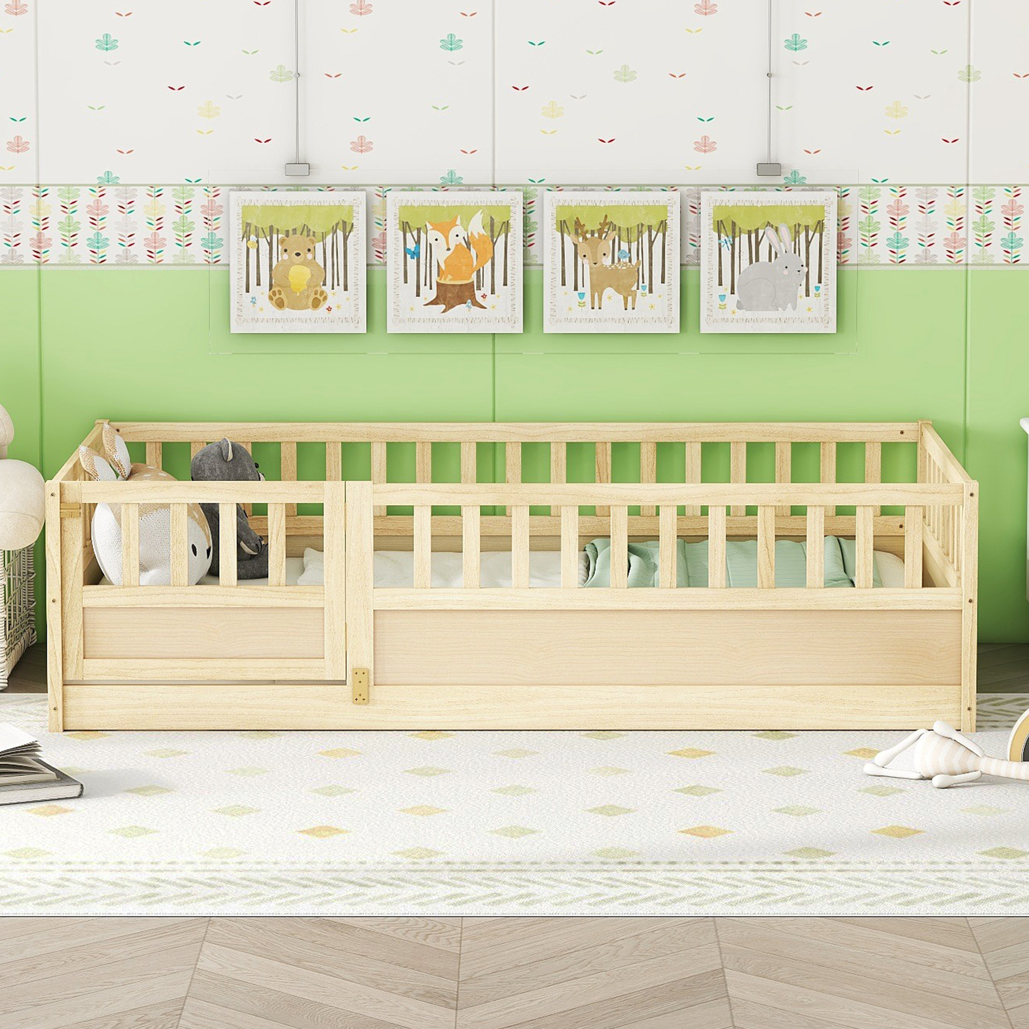 Twin Size Floor Bed, Integral Construction With Super High Security Barrier, Door, Children S Floor Bed Frame, Montessori Wooden Children S Floor Bed,