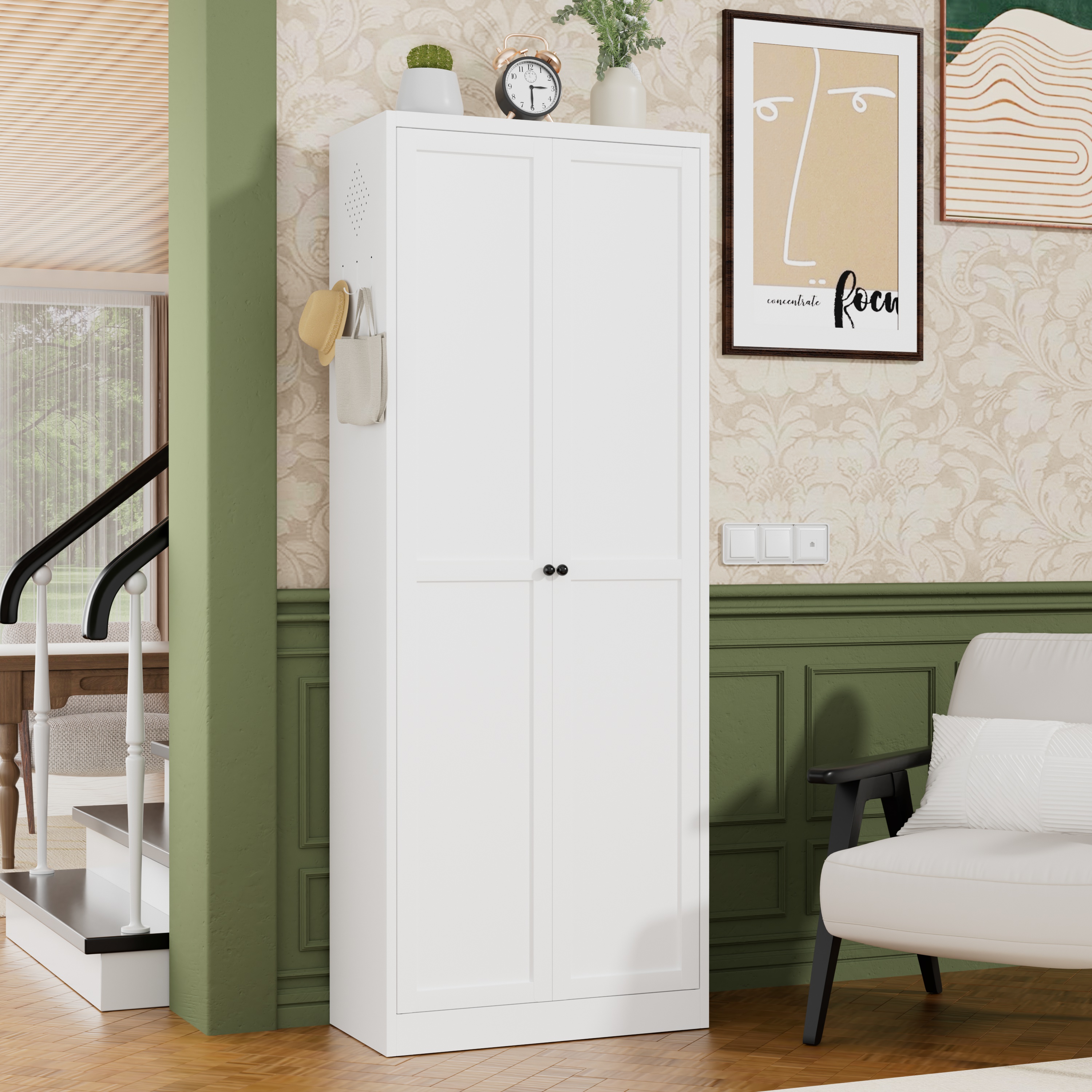72  White Metal Kitchen Pantry Cabinet With Doors, Heavy-Duty Freestanding Storage Organizer With 5 Adjustable Shelves, Tool-Free Assembly For Pantry, Kitchen, Bathroom