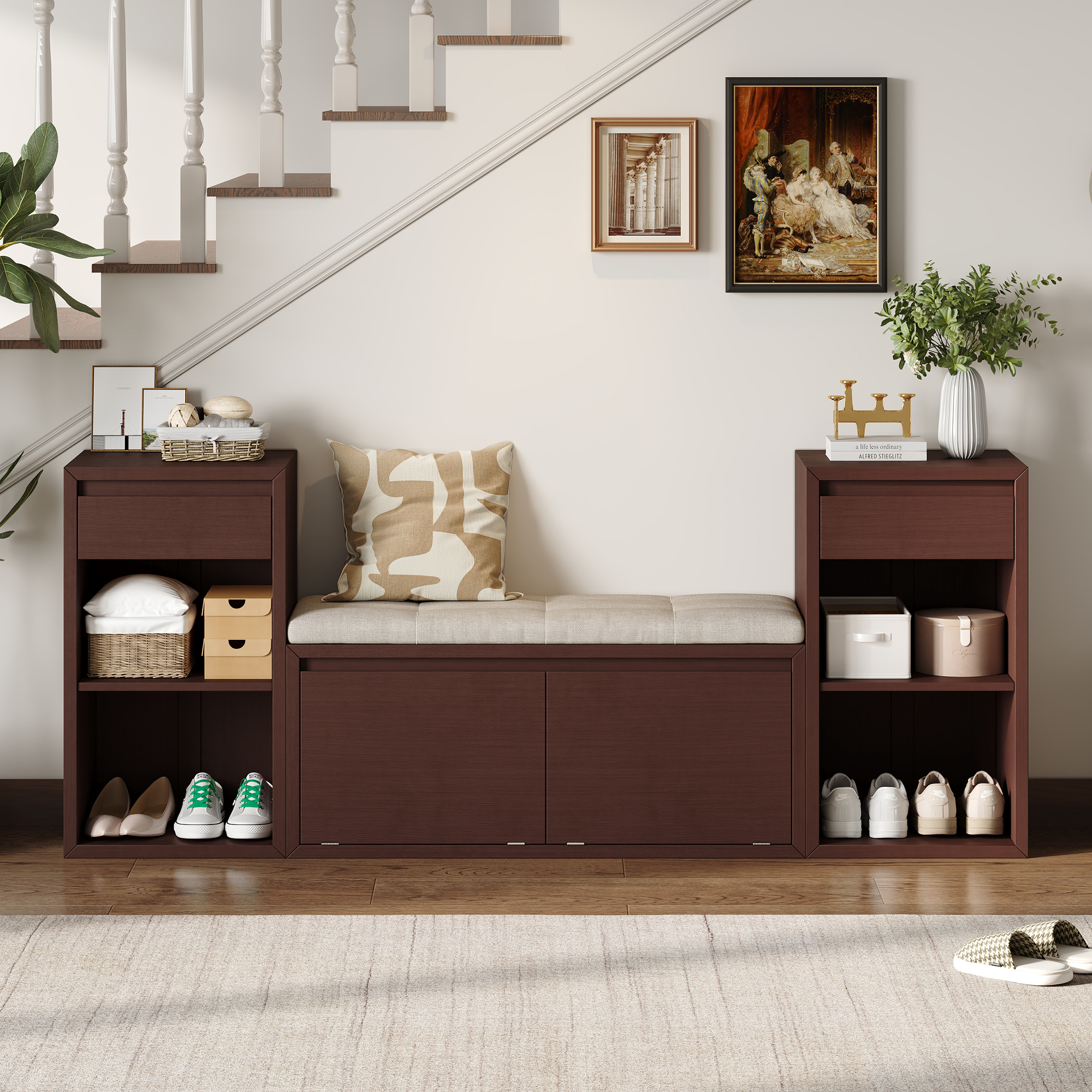 TREXM All-in-One Entryway Storage Bench With Cushion, Compartments, Drawers & Open Shelves, Storage Bench For Hallway, Mudroom, Living Room Espresso