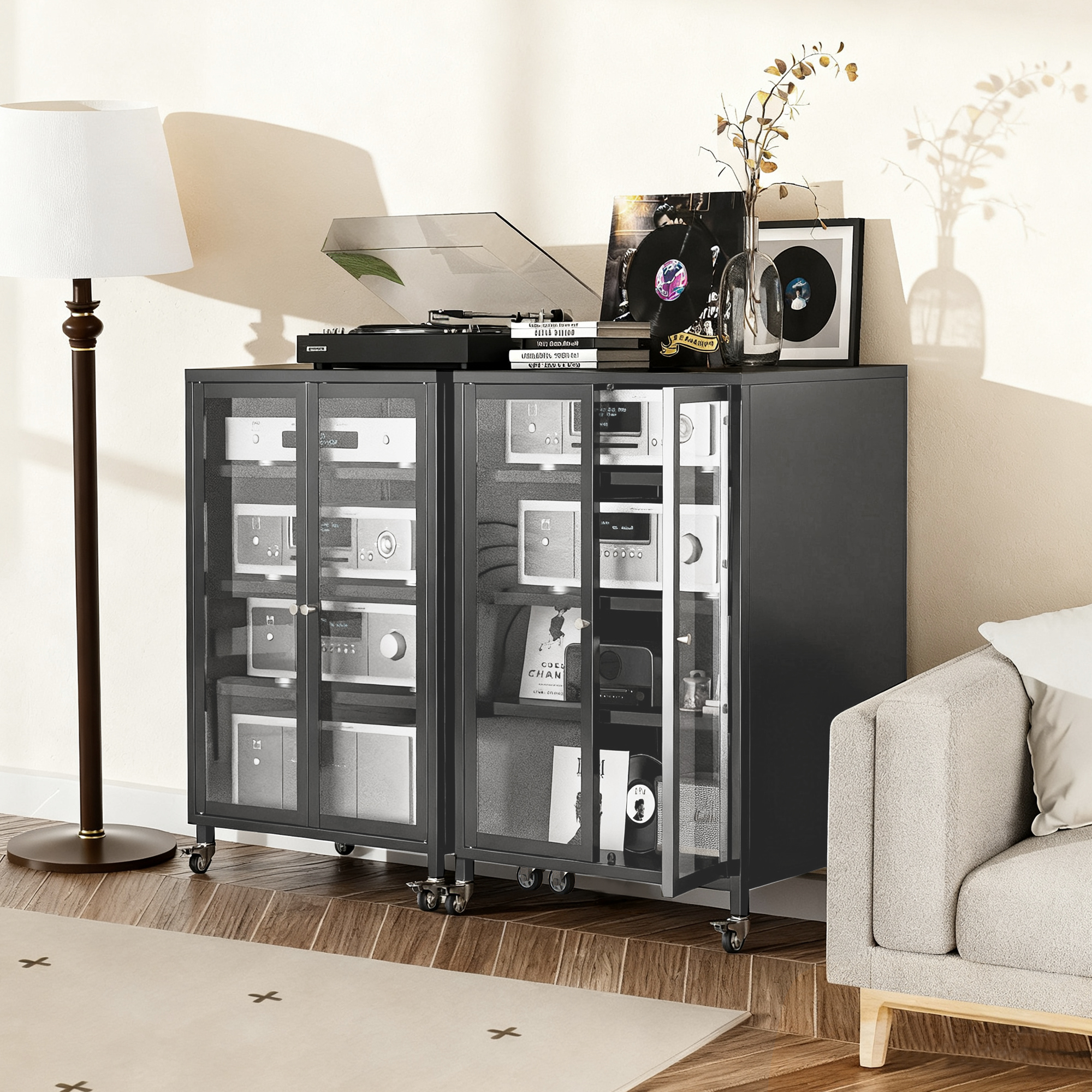 35.8  High Media Storage Cabinet With Wheels, AV Stereo TV Stand With 4 Adjustable Glass Shelves & Door, Heavy-Duty Steel Frame For Living Room, Easy Assembly