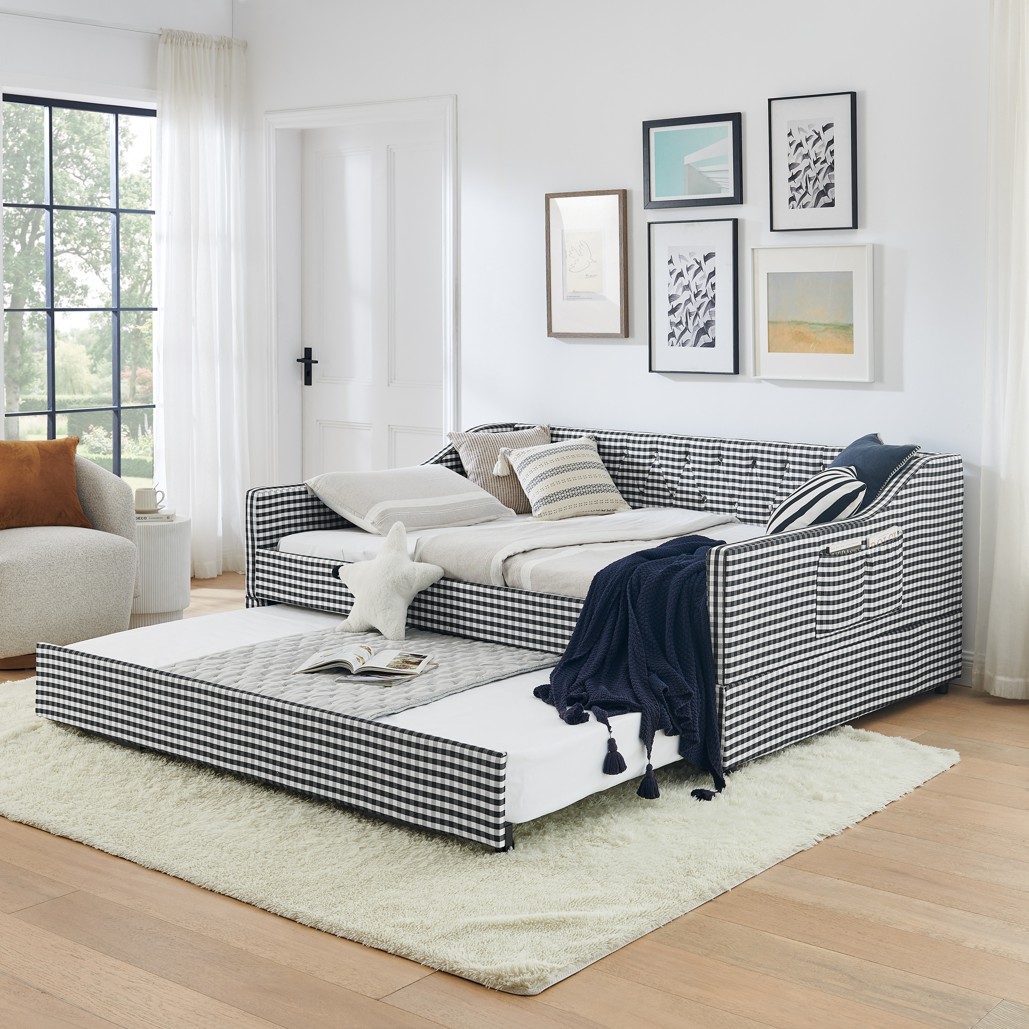 Full Size Daybed,Upholstered Convertible Daybed With Tufted Button Backrest, 3 In 1 Versatile Sofa Bed With Pull Out Trundle & Side Storage, Perfect For Compact Living-Black