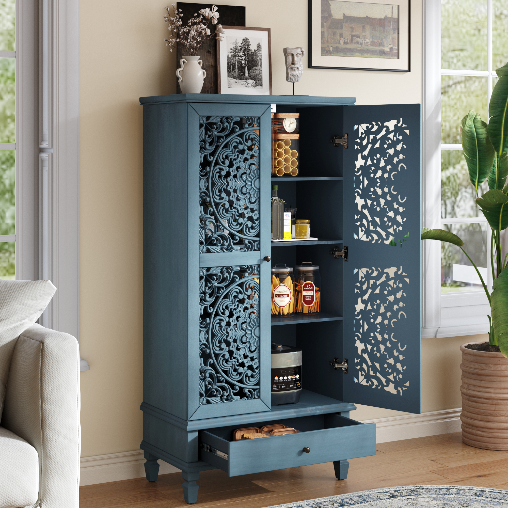Rustic 55   Tall Storage Cabinet With Drawer, Decorative 2-Door Carved Wood Accent Cabinet With Solid Wood Legs For Living Room, Hallway, Dining Room, Antique Blue