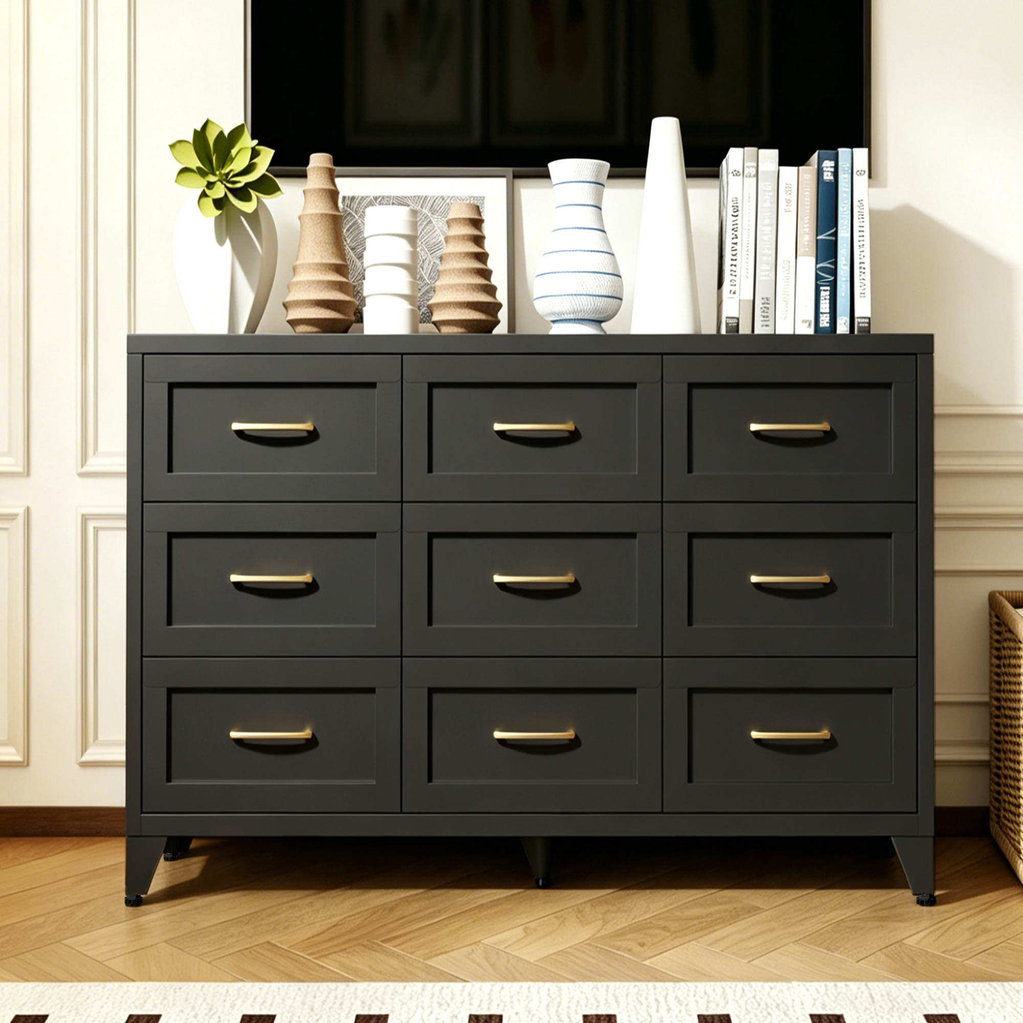 9 Drawer Dresser For Bedroom, Metal Profile Chest Of Drawers, Black Bedroom Dresser With Storage Drawers For Closet, Hallway, Entryway, Steel Furniture With Quiet-Glide Rails, Easy-Clean & Scratch