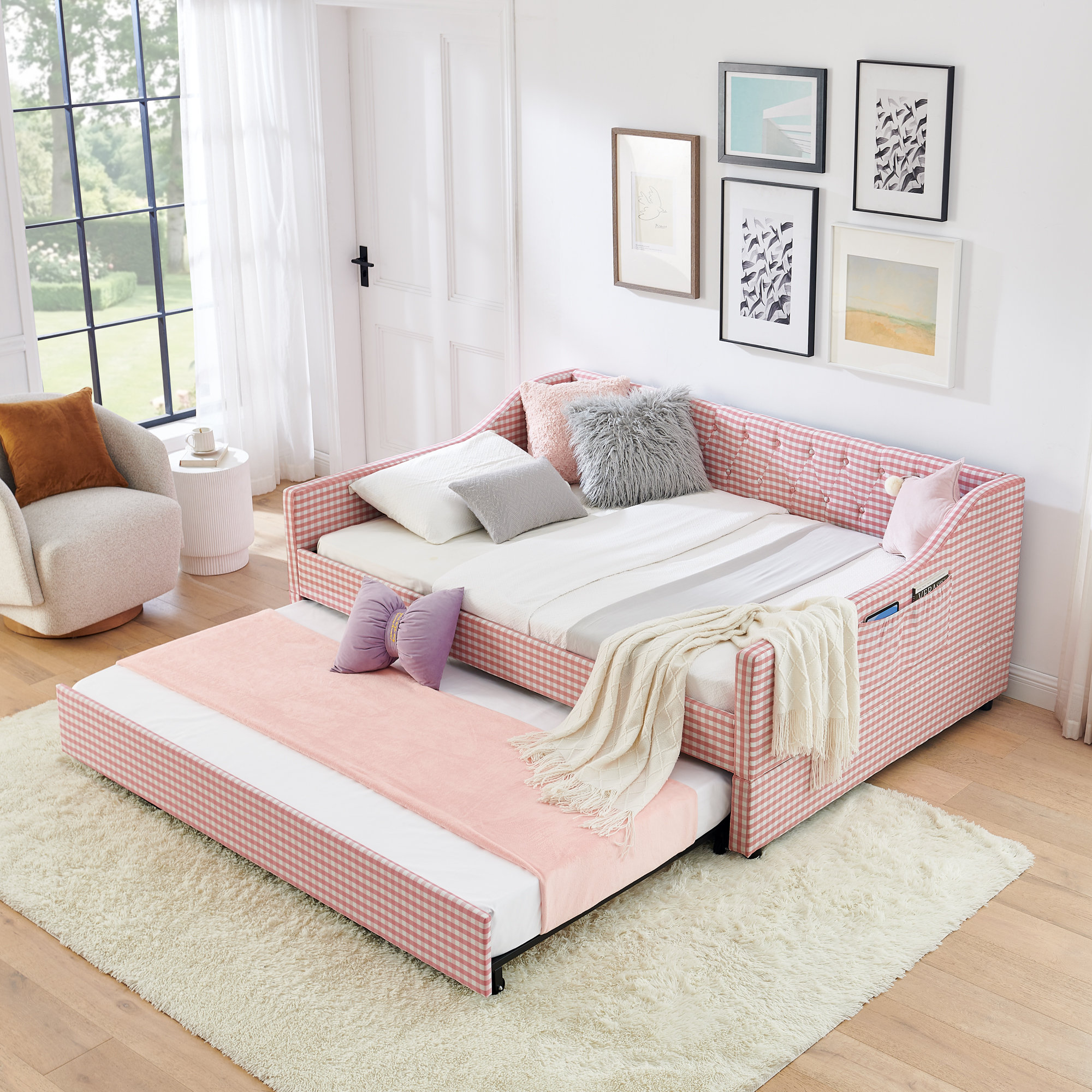 Full Size Daybed Upholstered Convertible Daybed With Tufted Button Backrest  3 In 1 Versatile Sofa Bed With Pull Out Trundle   Side Storage, Perfect For Compact Living-Pink