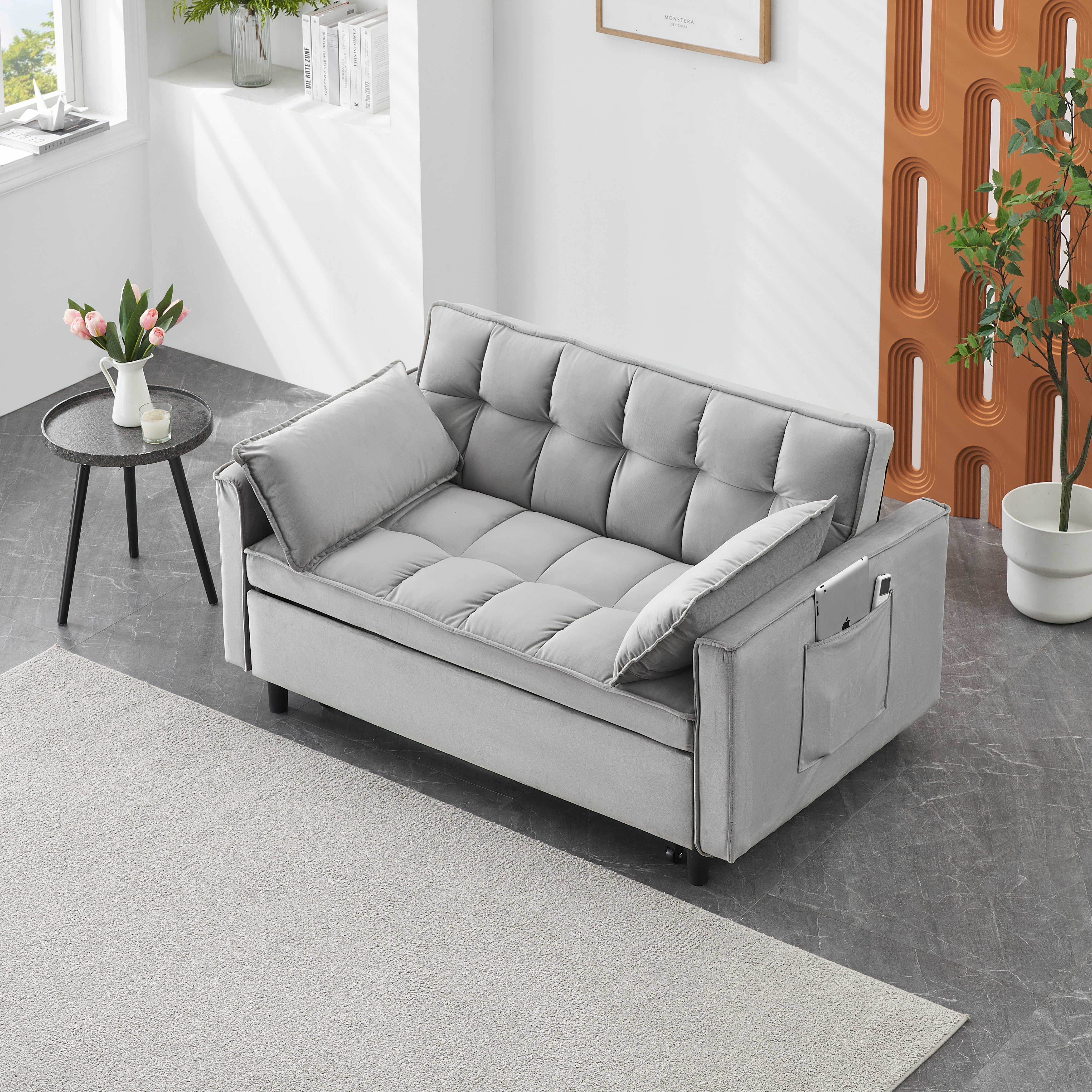Modern Velvet Loveseat Futon Sofa Couch Pullout Bed, Small Love Seat Lounge Sofa W Reclining Backrest, Toss Pillows, Pockets, Furniture For Living Room,3 In 1 Convertible Sleeper Sofa Bed, Gra