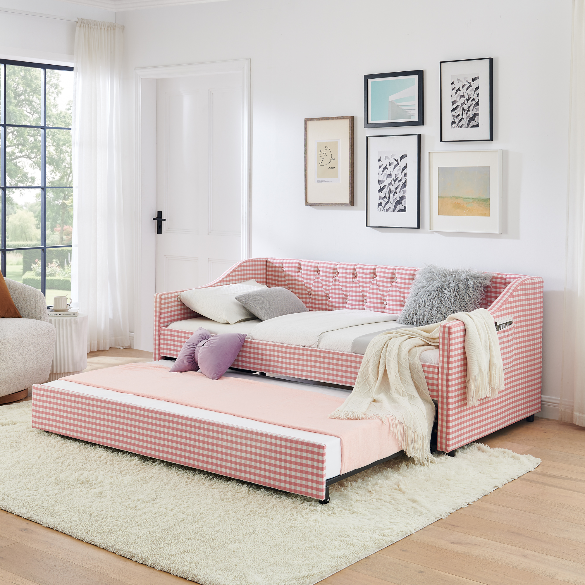 Twin Size Daybed,Upholstered Convertible Daybed With Tufted Button Backrest, 3 In 1 Versatile Sofa Bed With Pull Out Trundle & Side Storage, Perfect For Compact Living-Pink
