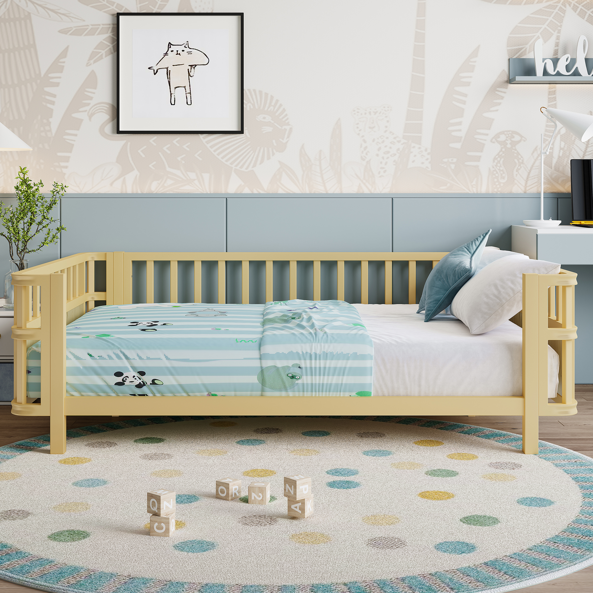 Children S Double Wooden Platform Bed With Railings, A Low Iron Double Bed With Railings, Suitable For Girls And Boys,  Full,Natural