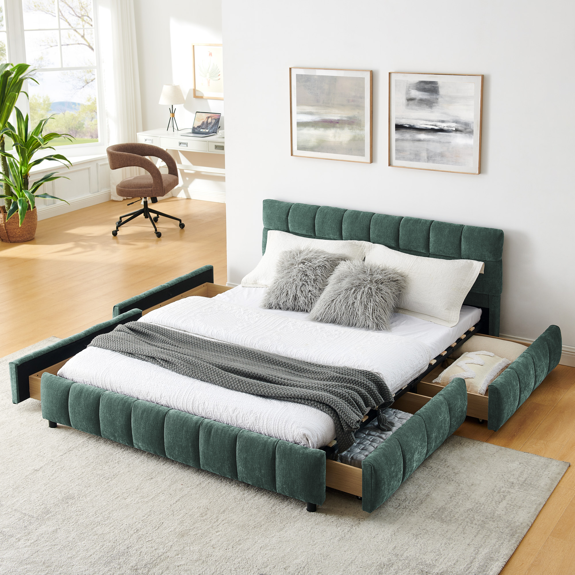 Queen Size Upholstered Bed ,comfortable Upholstered Bed Frame, Chenille Fabric, With Headboard And Solid Bed Frame. With Drawer For Storage.-green 88.5  X68.5  X31