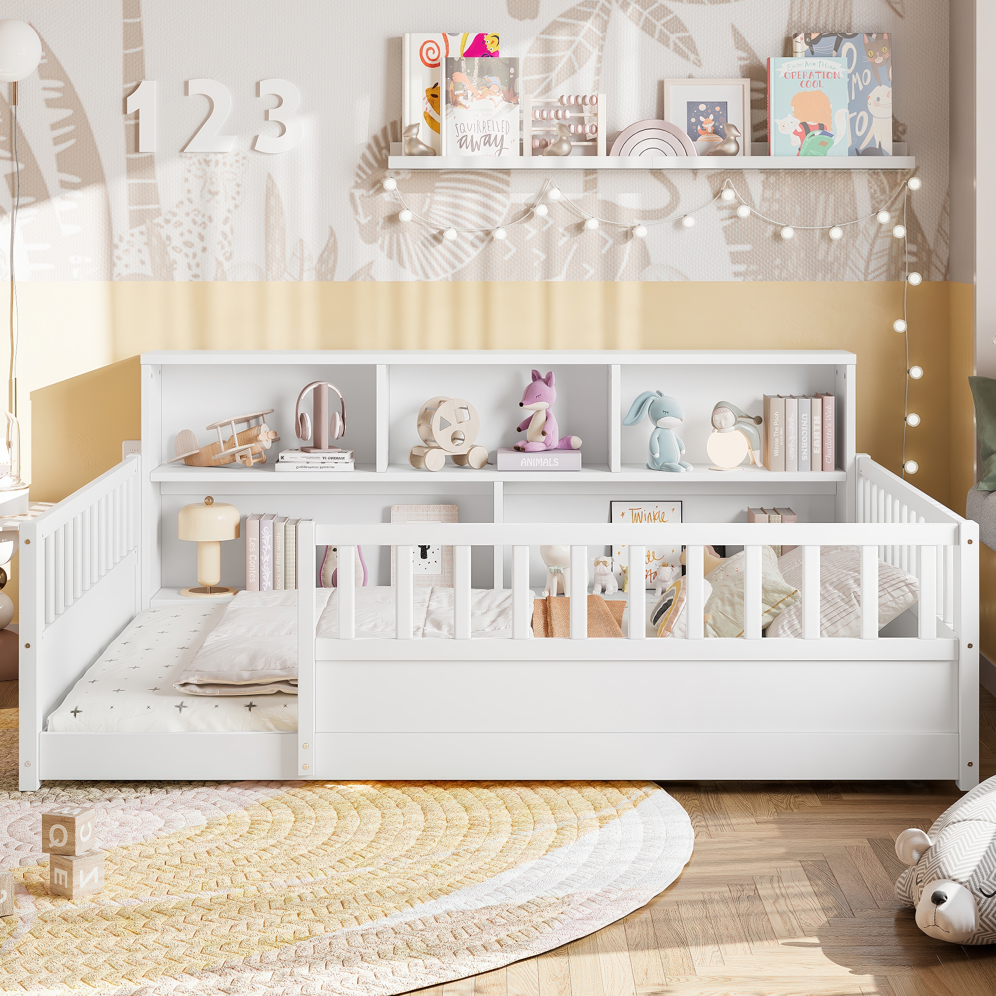 A Full-sized Wooden Floor Bed With A Fence-style Guardrail, Featuring A Side Storage Decorative Function, And Its Color Is White.