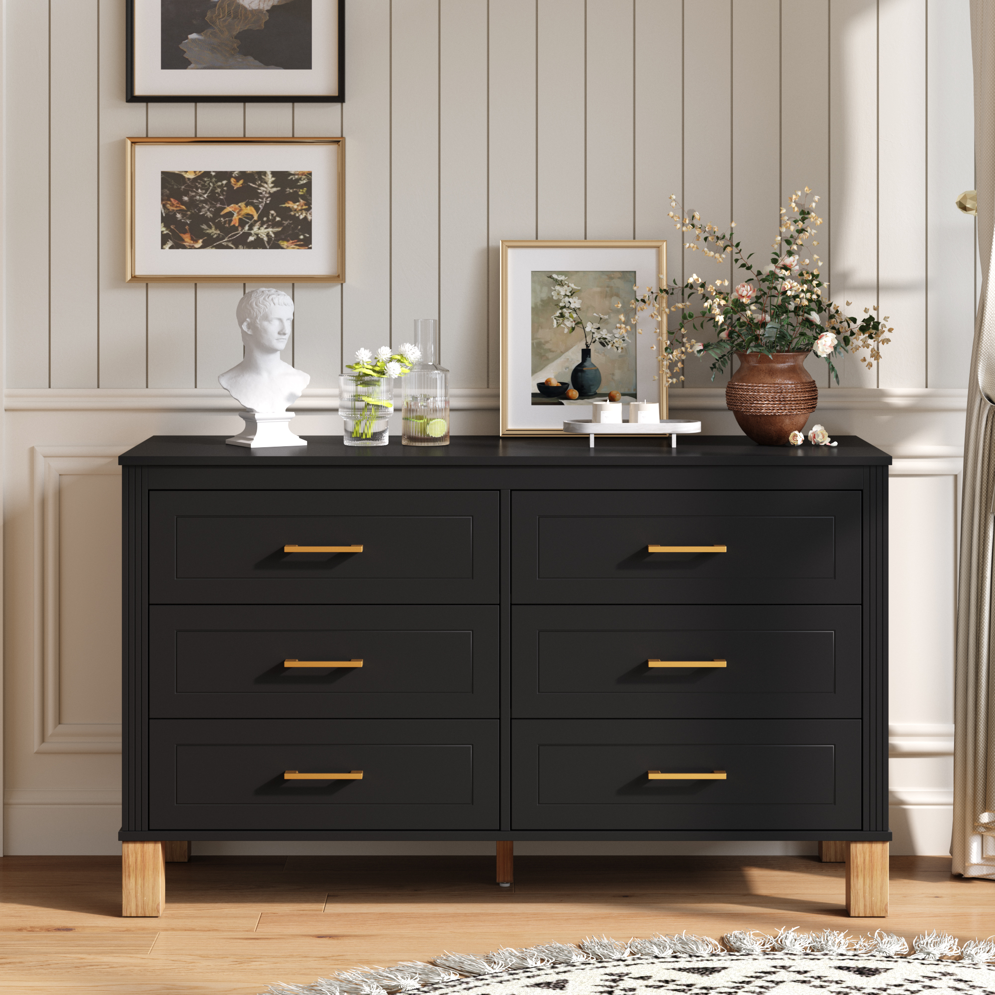 6-Drawer Double Dresser , Modern Storage Cabinet With Metal Handles & Solid Wood Legs, Dresser Drawer Organizer For Kids Bedroom, Heavy-Duty Wooden Dresser With Pre-Installed,Black