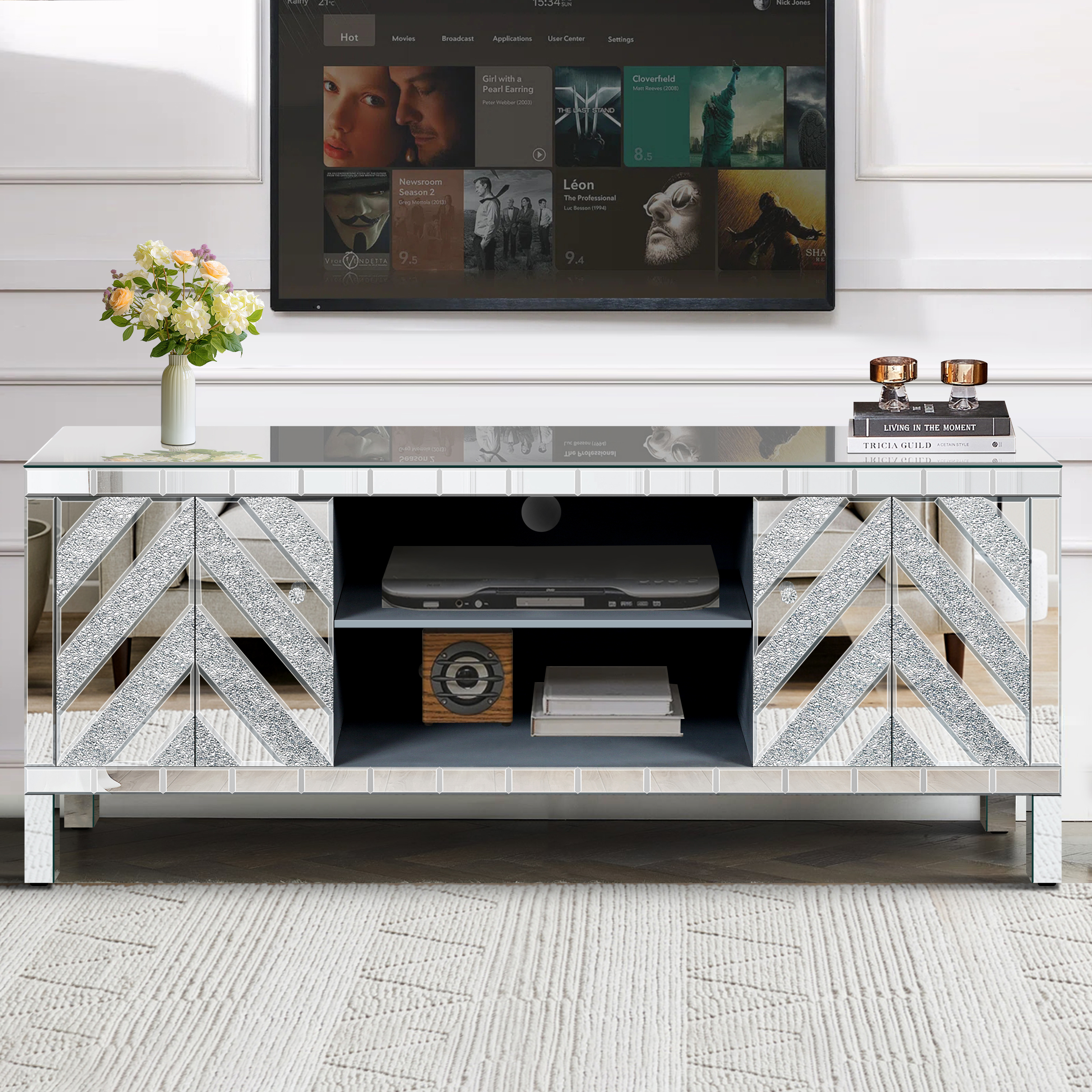 Mirrored TV Stand For 65  Inch TV,Sliver TV Console Table With Open Storage & 2 Storage Cabinets ,M Shape Sparkling Mirror Doors For Living Room 59  W X 25.2  H X 15.7D