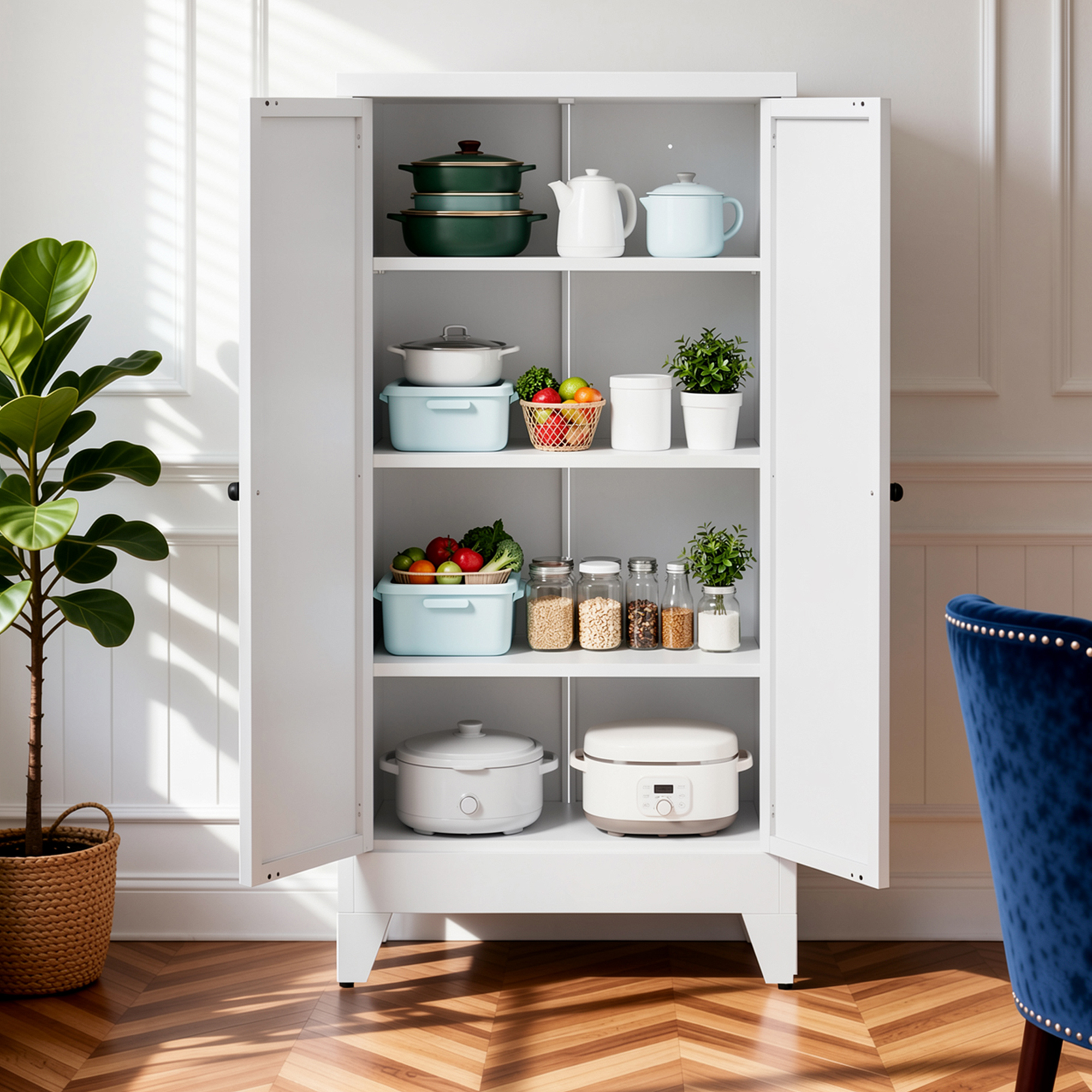 47.3  White Metal Kitchen Pantry Cabinet Adjustable Storage With 3 Shelves  110lb Capacity , Heavy Duty Freestanding Pantry Organizer For Kitchen, Pantry, Living Room