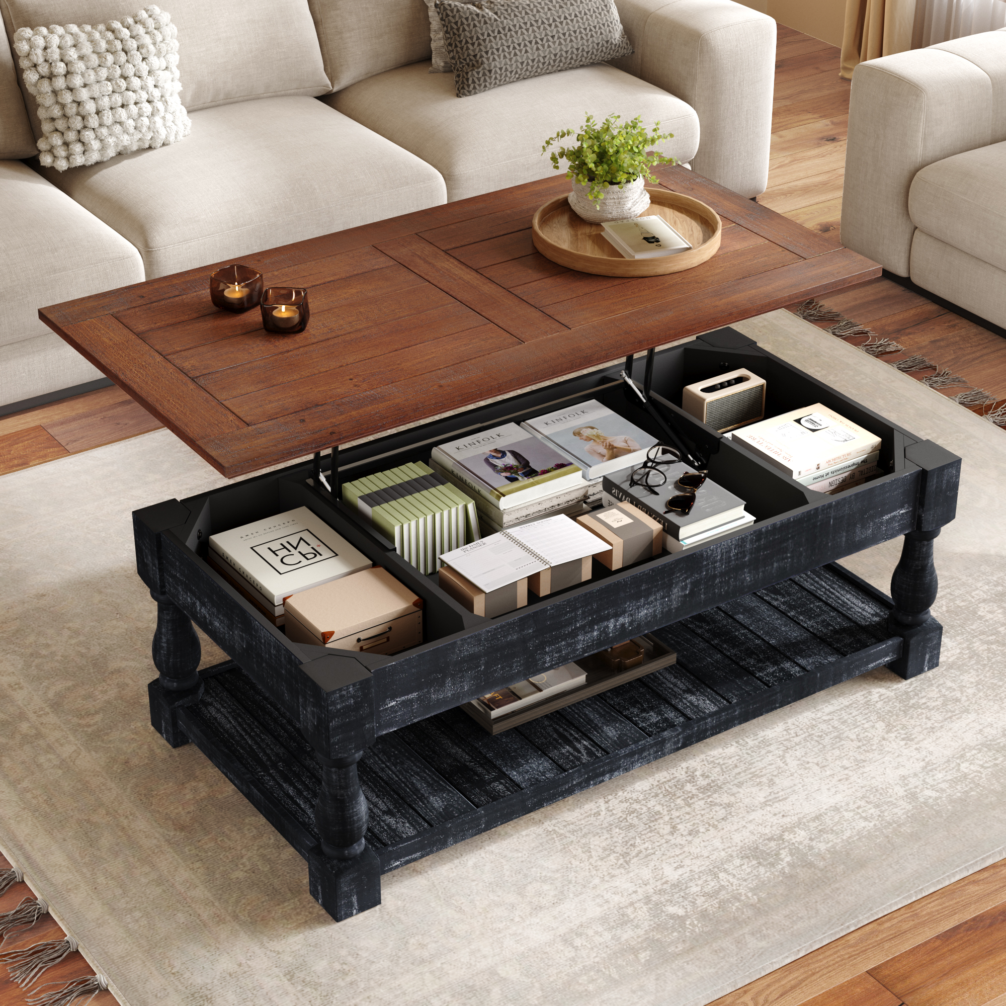 Retro Lift-Top Coffee Table With Storage For Living Room, Hidden Compartment & Lower Shelf, Espresso & Weathered Black Finish