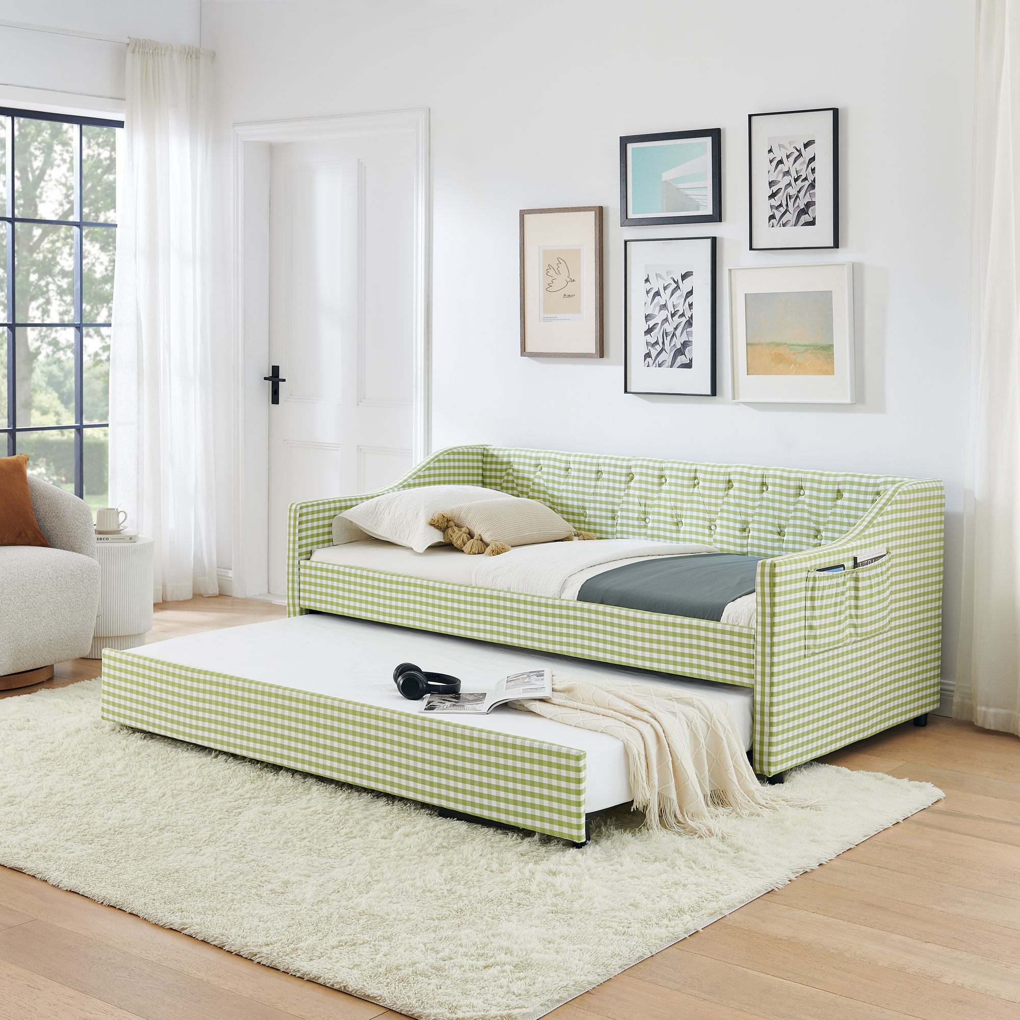 Twin Size Daybed,Upholstered Convertible Daybed With Tufted Button Backrest, 3 In 1 Versatile Sofa Bed With Pull Out Trundle & Side Storage, Perfect For Compact Living-Green